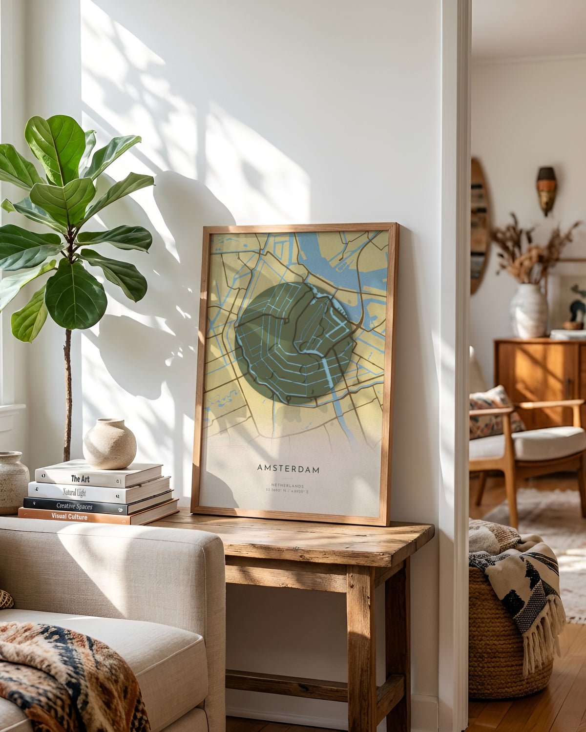 Amsterdam 3D relief map in Vale, framed in a room