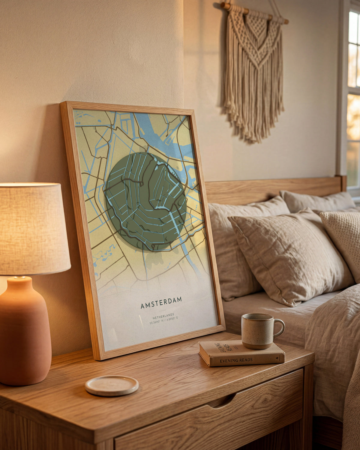 Amsterdam 3D relief map in Vale, framed in a room