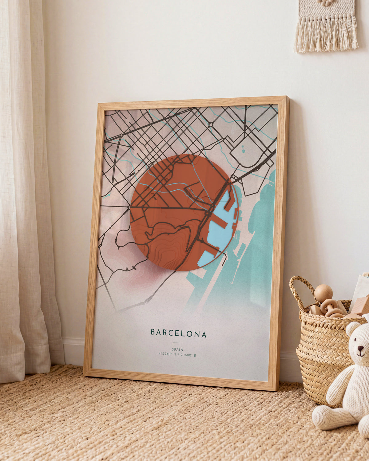 Barcelona 3D relief map in Fuji, framed in a room