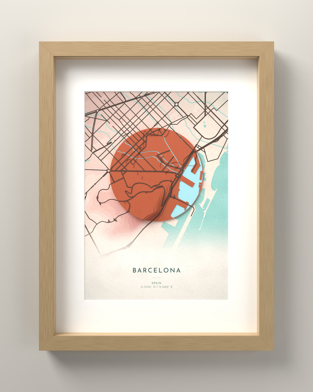 Barcelona 3D relief map in Fuji, oak frame