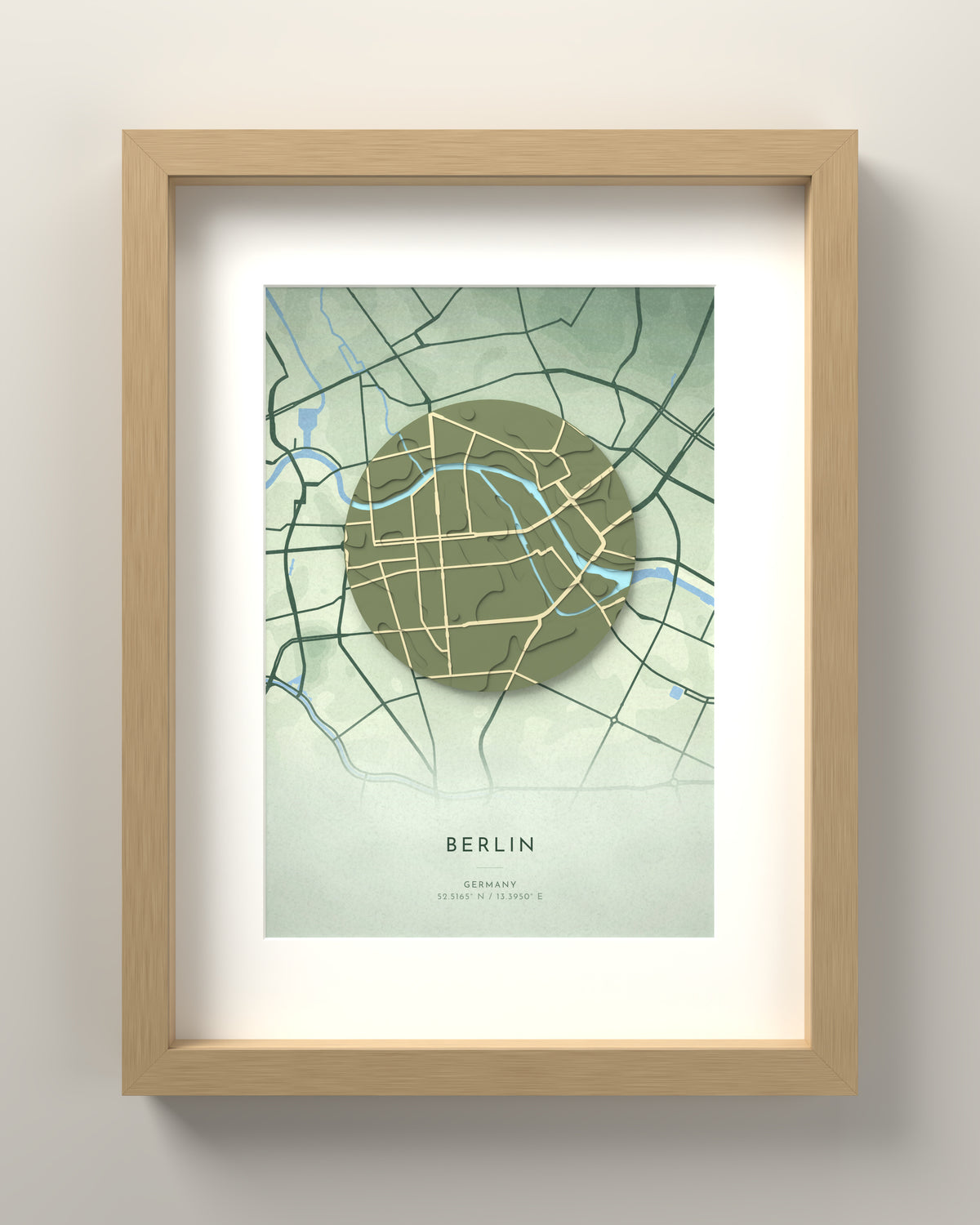 Berlin 3D relief map in Taiga, oak frame