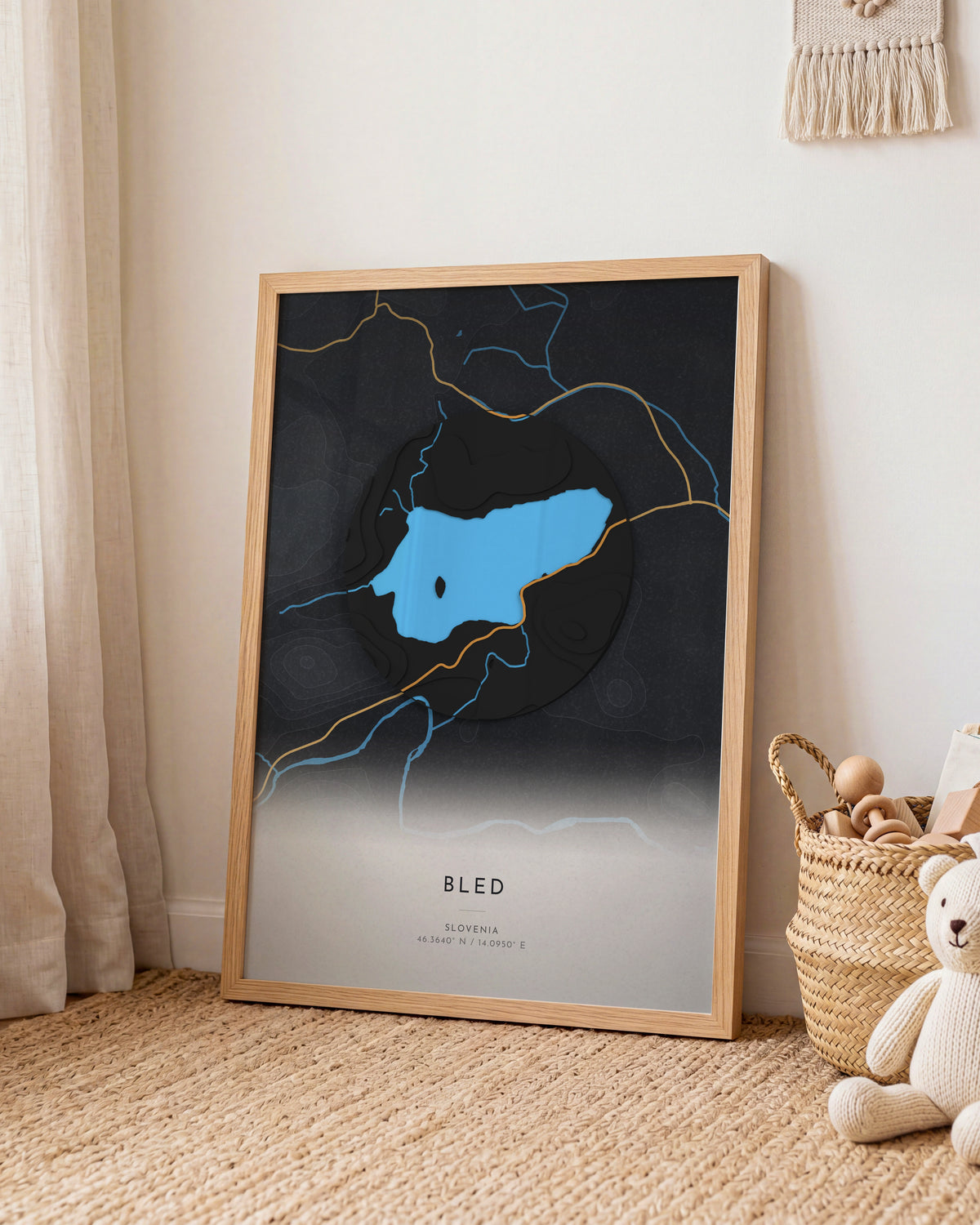 Bled 3D relief map in Basalt, framed in a room