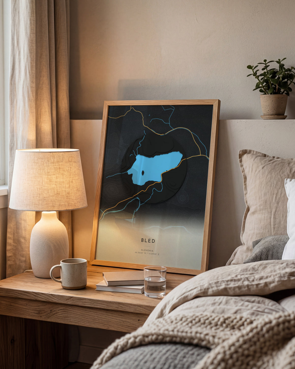 Bled 3D relief map in Basalt, framed in a room