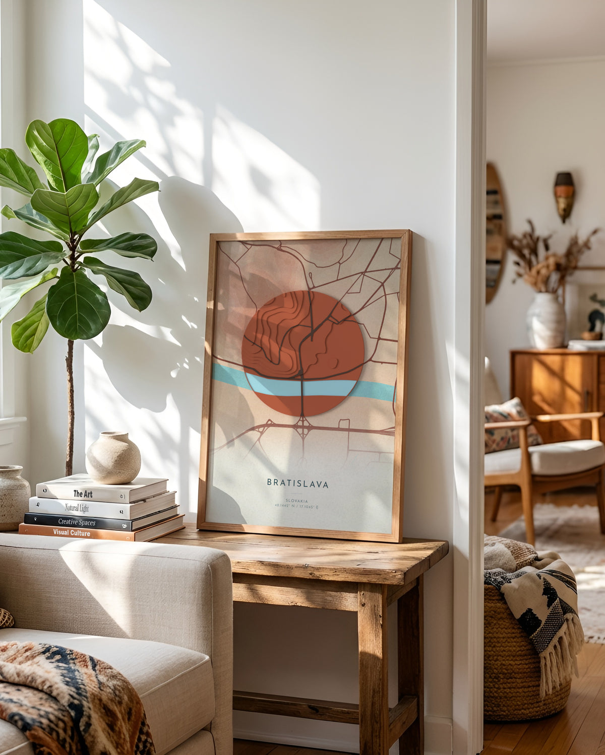 Bratislava 3D relief map in Riviera, framed in a room
