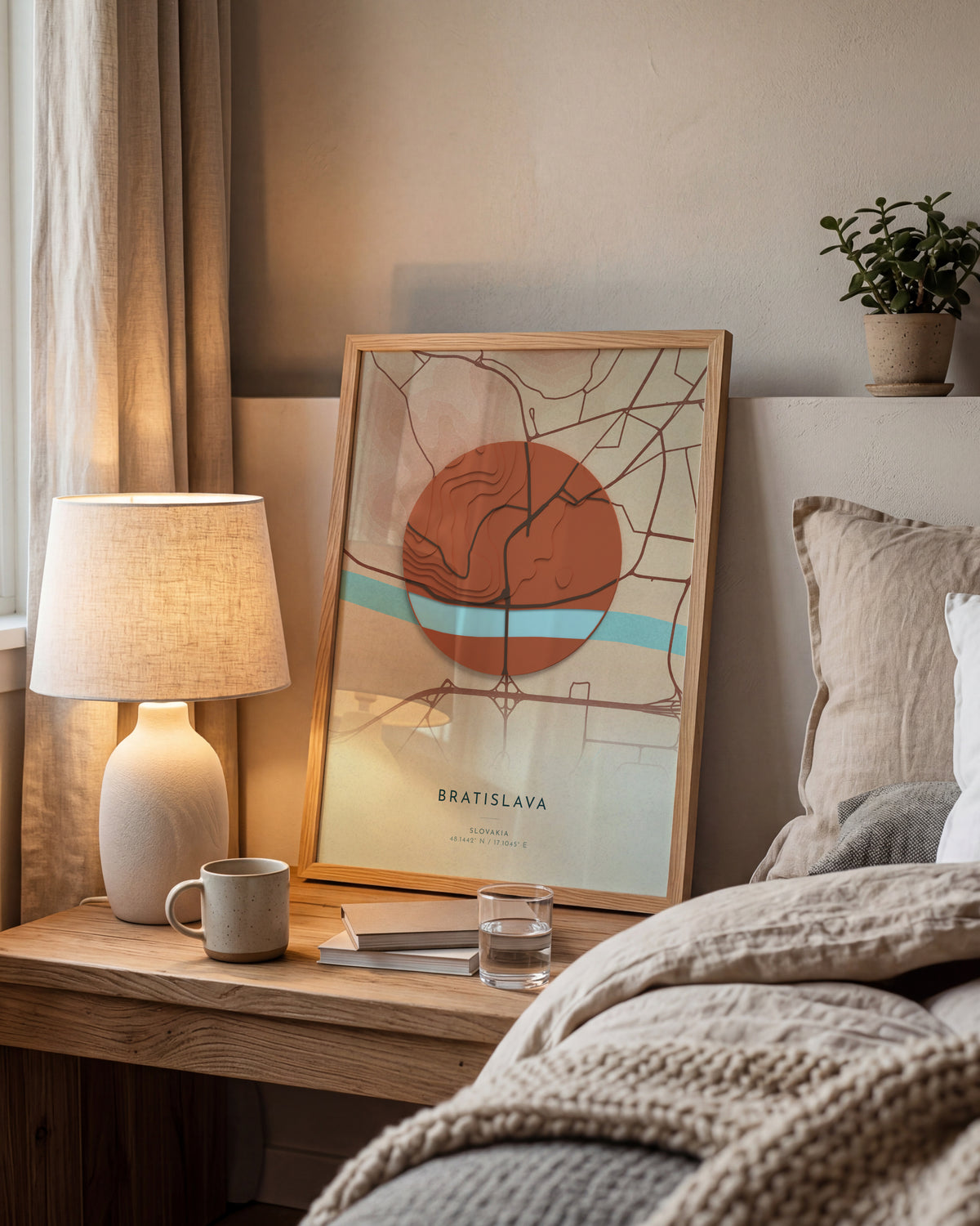 Bratislava 3D relief map in Riviera, framed in a room