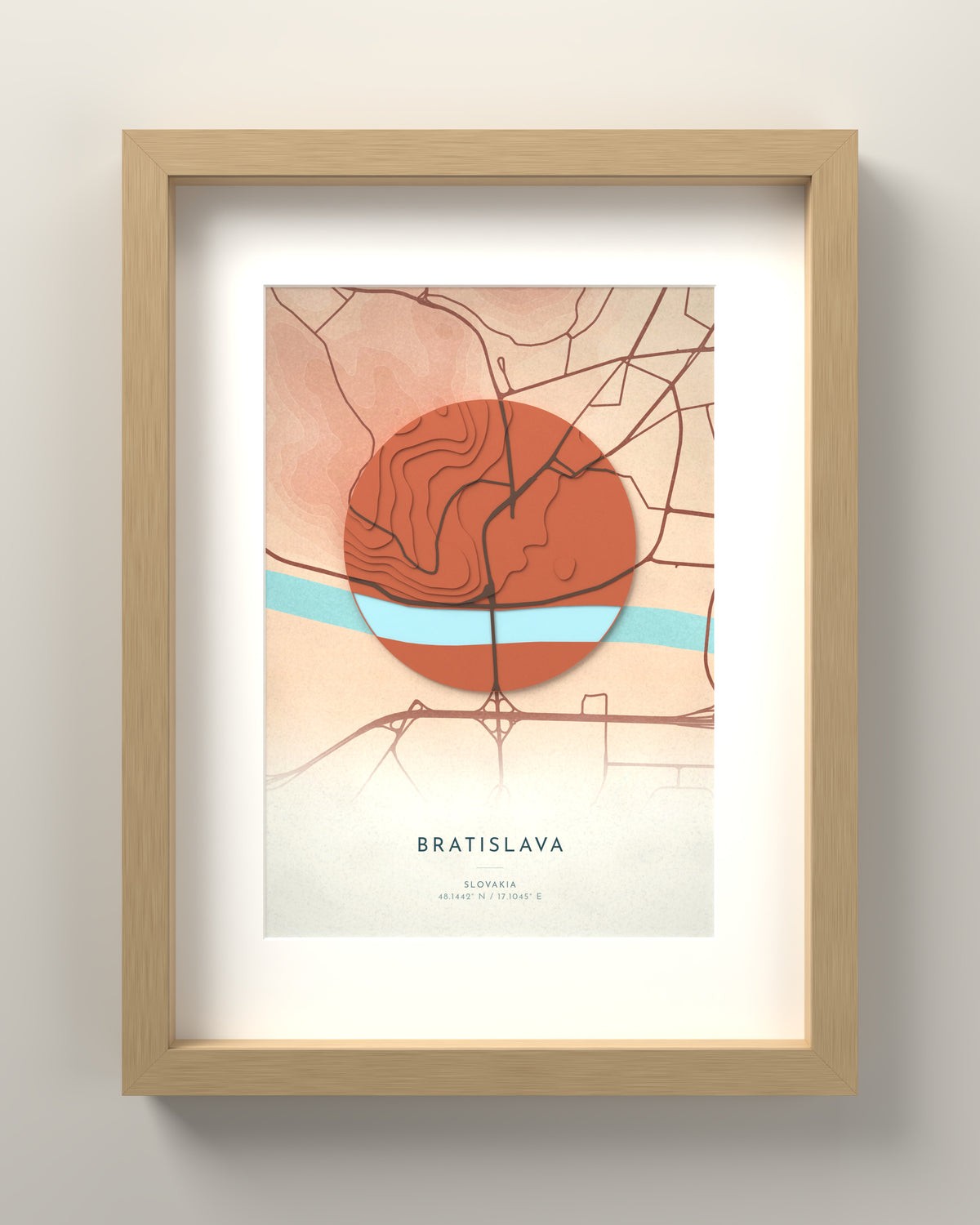 Bratislava 3D relief map in Riviera, oak frame