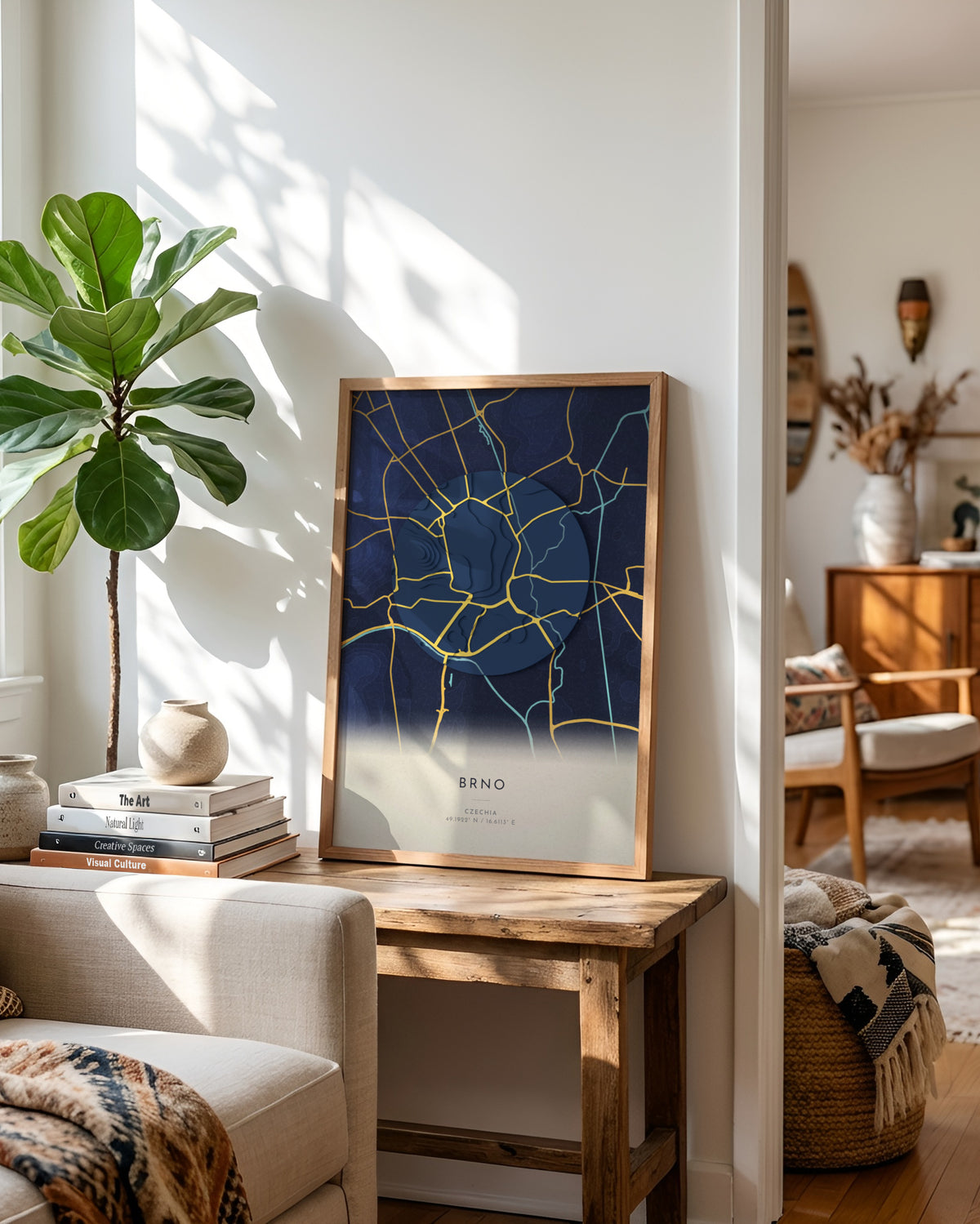Brno 3D relief map in Nocturne, framed in a room