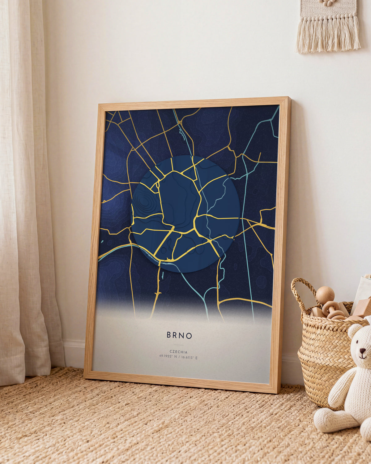 Brno 3D relief map in Nocturne, framed in a room