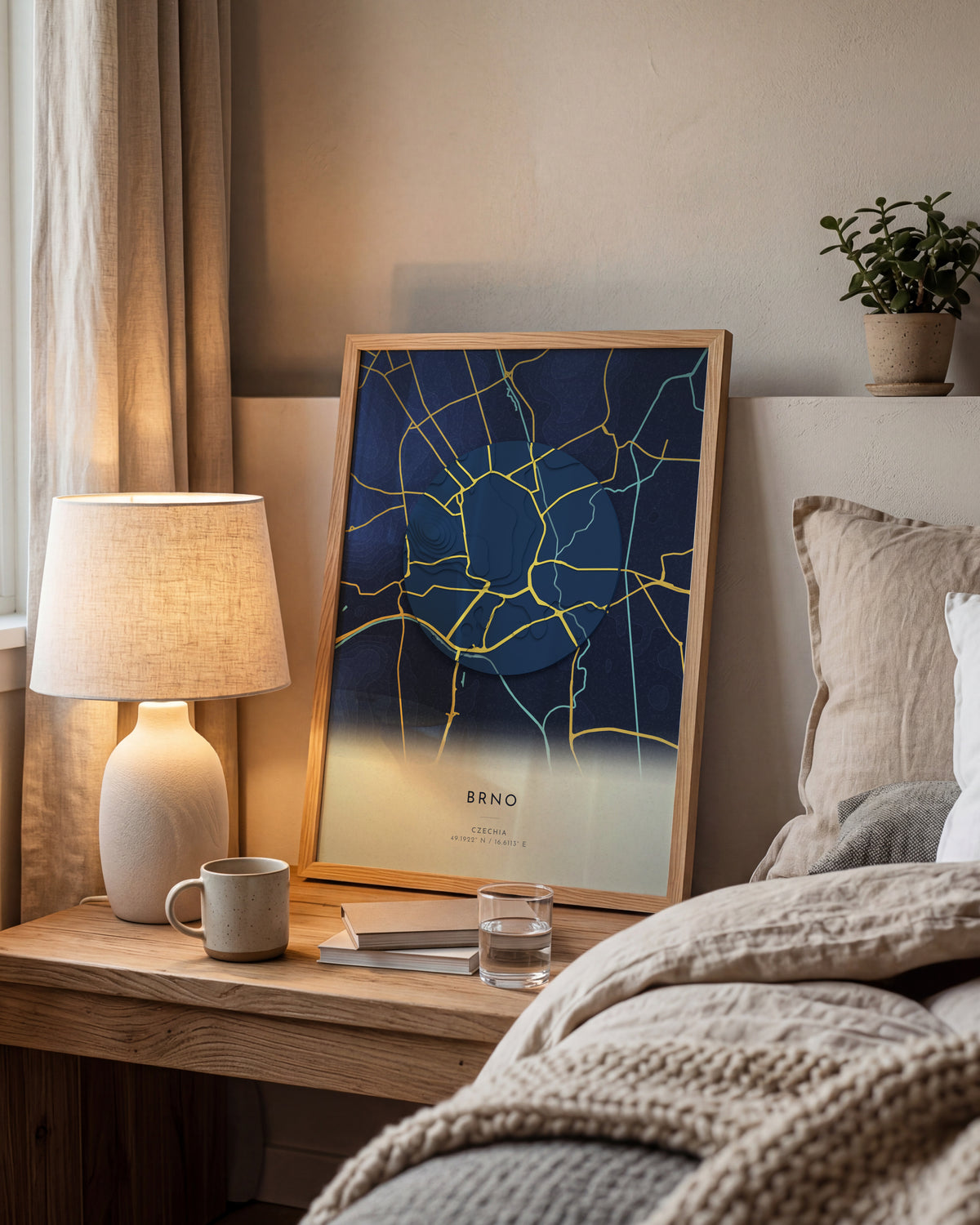 Brno 3D relief map in Nocturne, framed in a room
