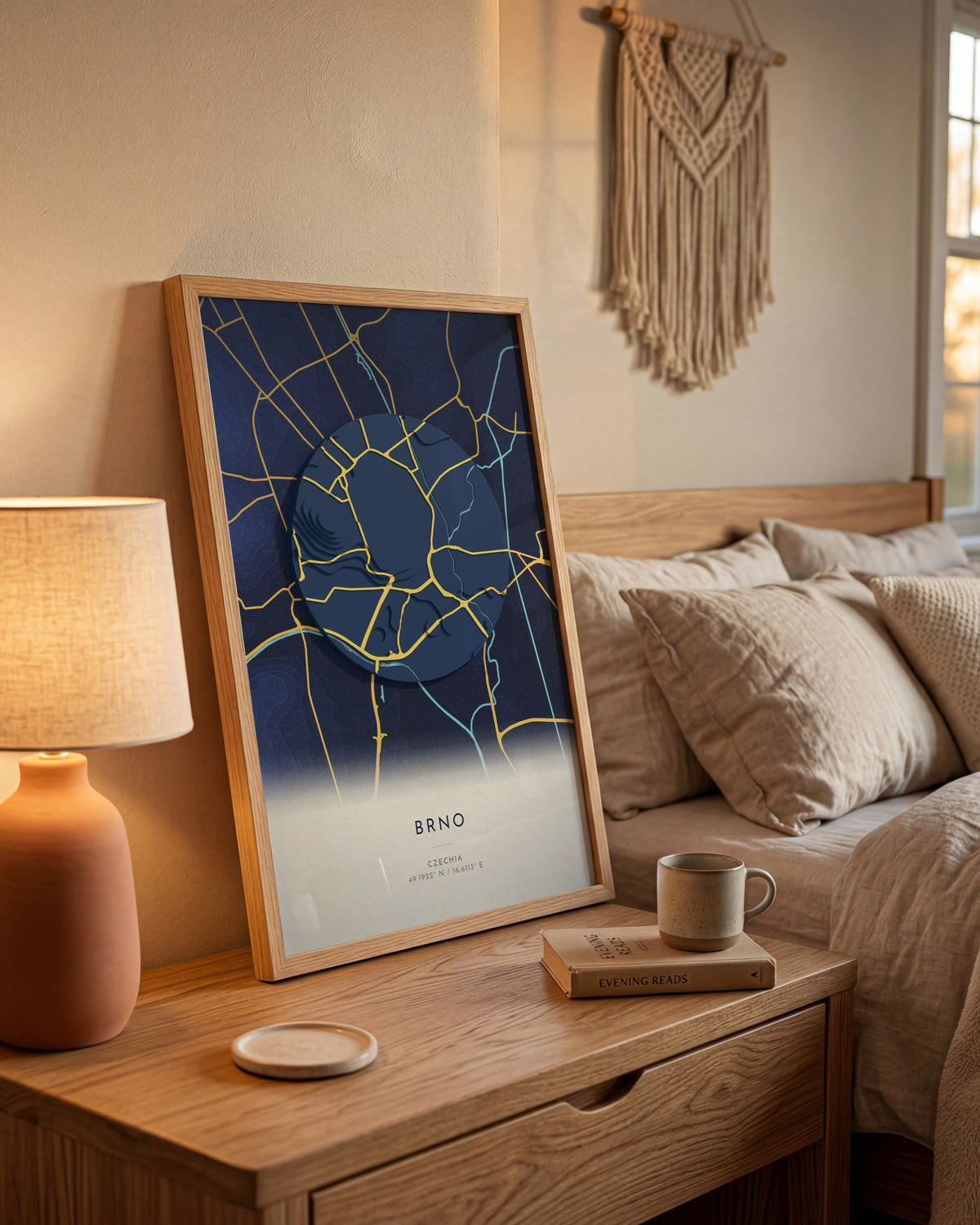 Brno 3D relief map in Nocturne, framed in a room