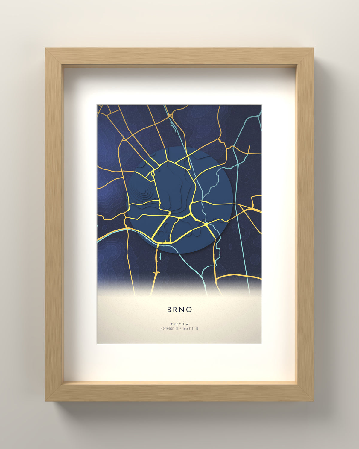 Brno 3D relief map in Nocturne, oak frame