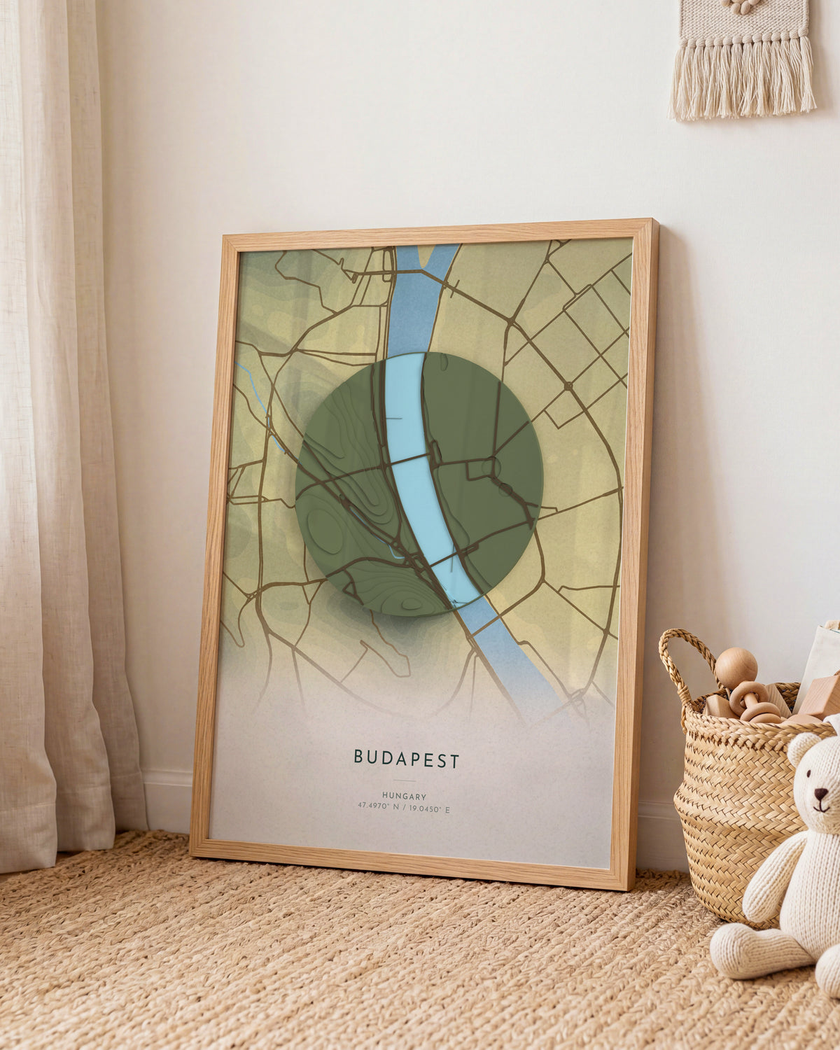 Budapest 3D relief map in Vale, framed in a room