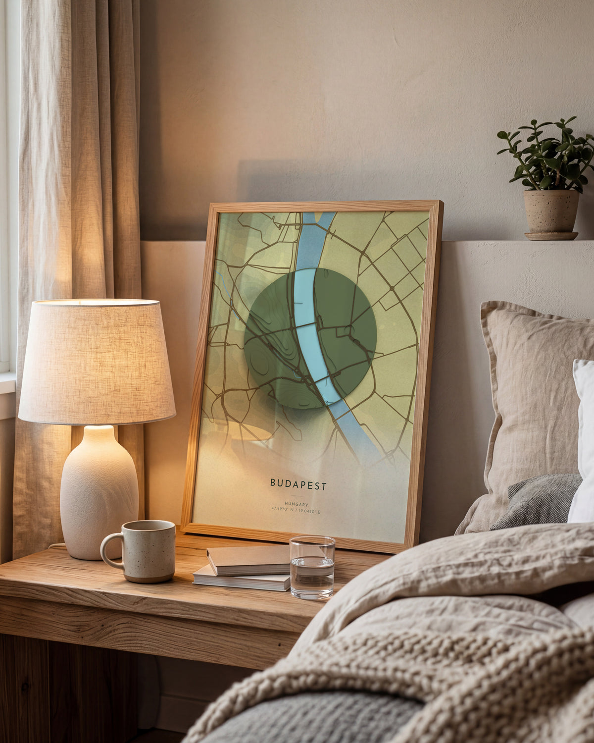 Budapest 3D relief map in Vale, framed in a room