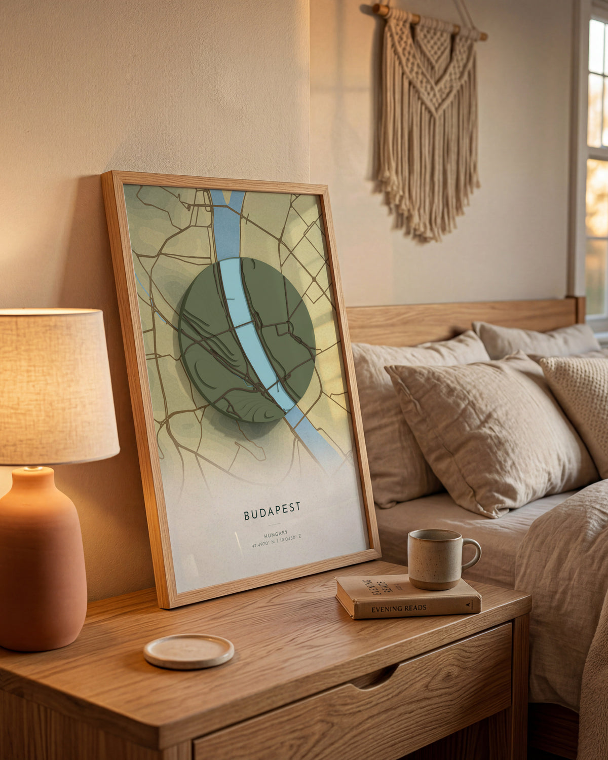 Budapest 3D relief map in Vale, framed in a room