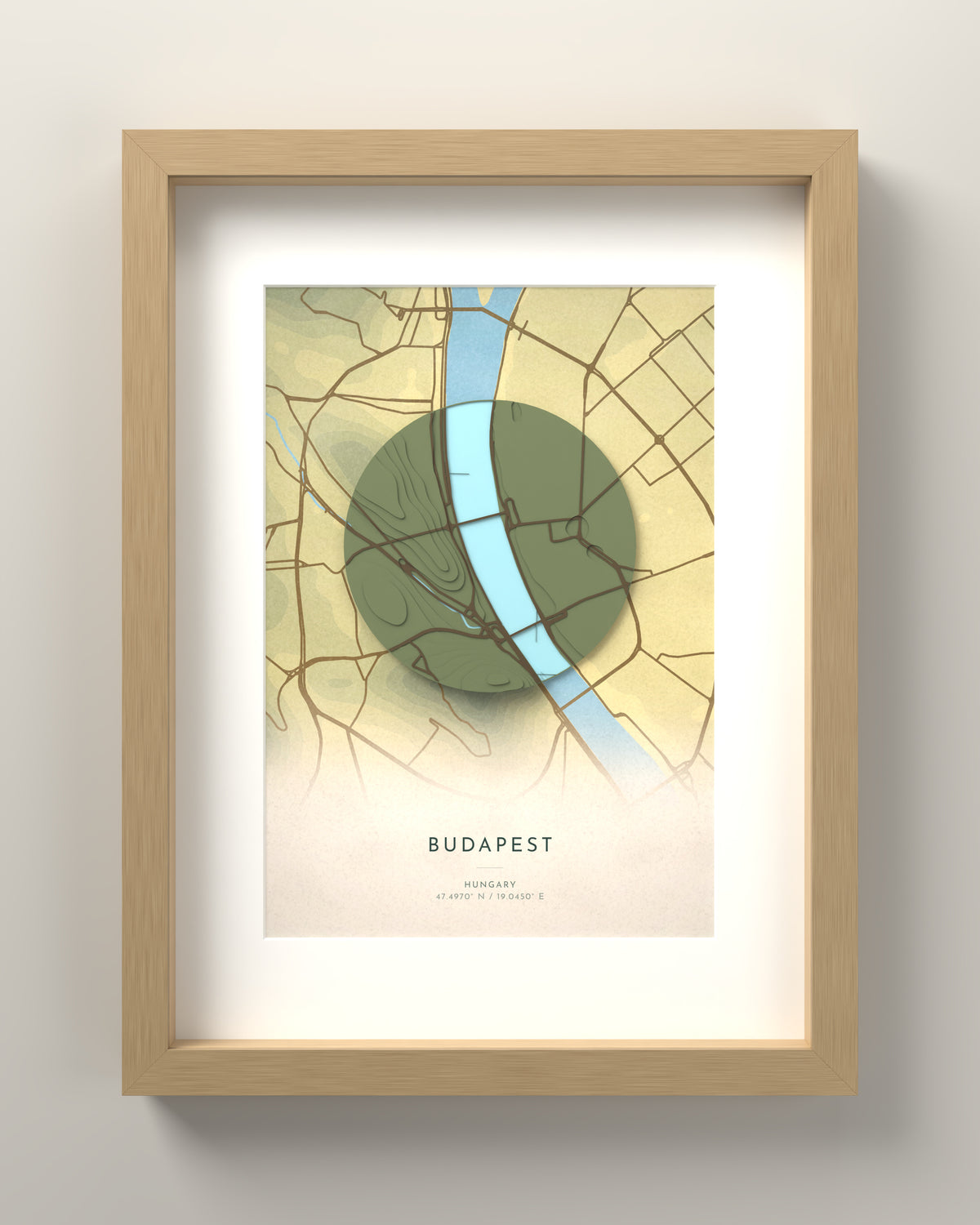 Budapest 3D relief map in Vale, oak frame