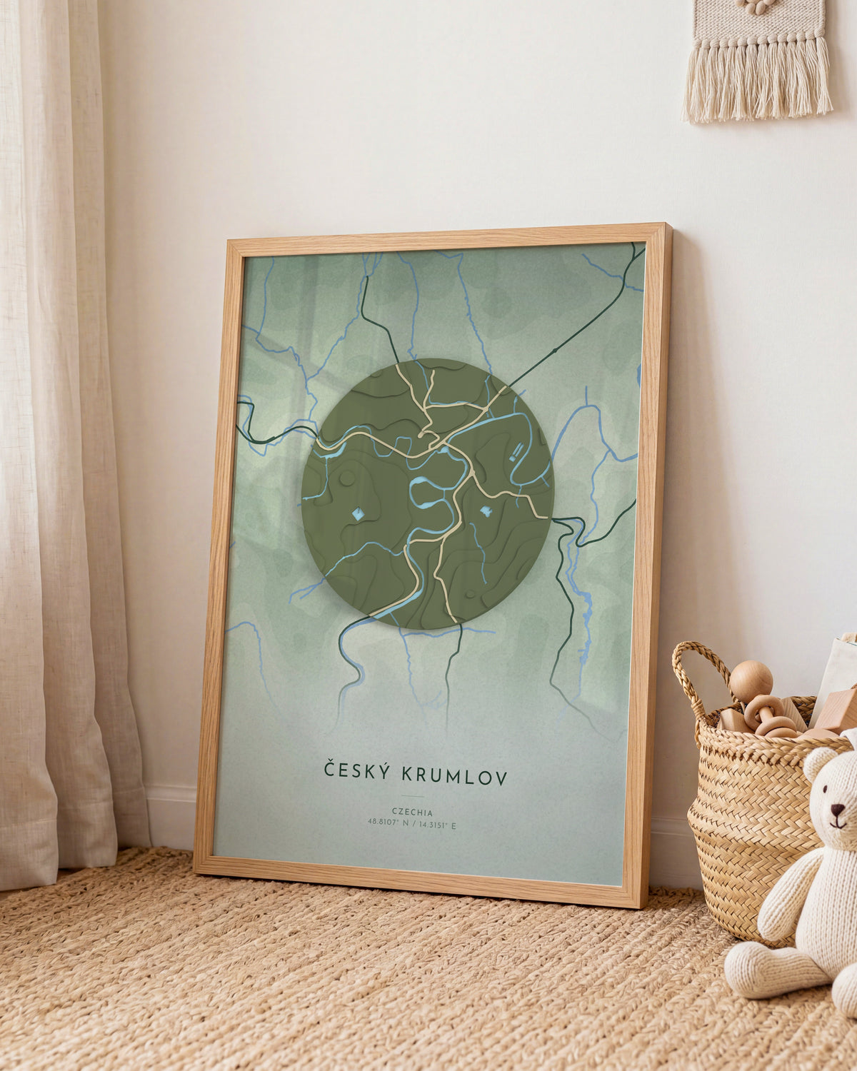 Český Krumlov 3D relief map in Taiga, framed in a room