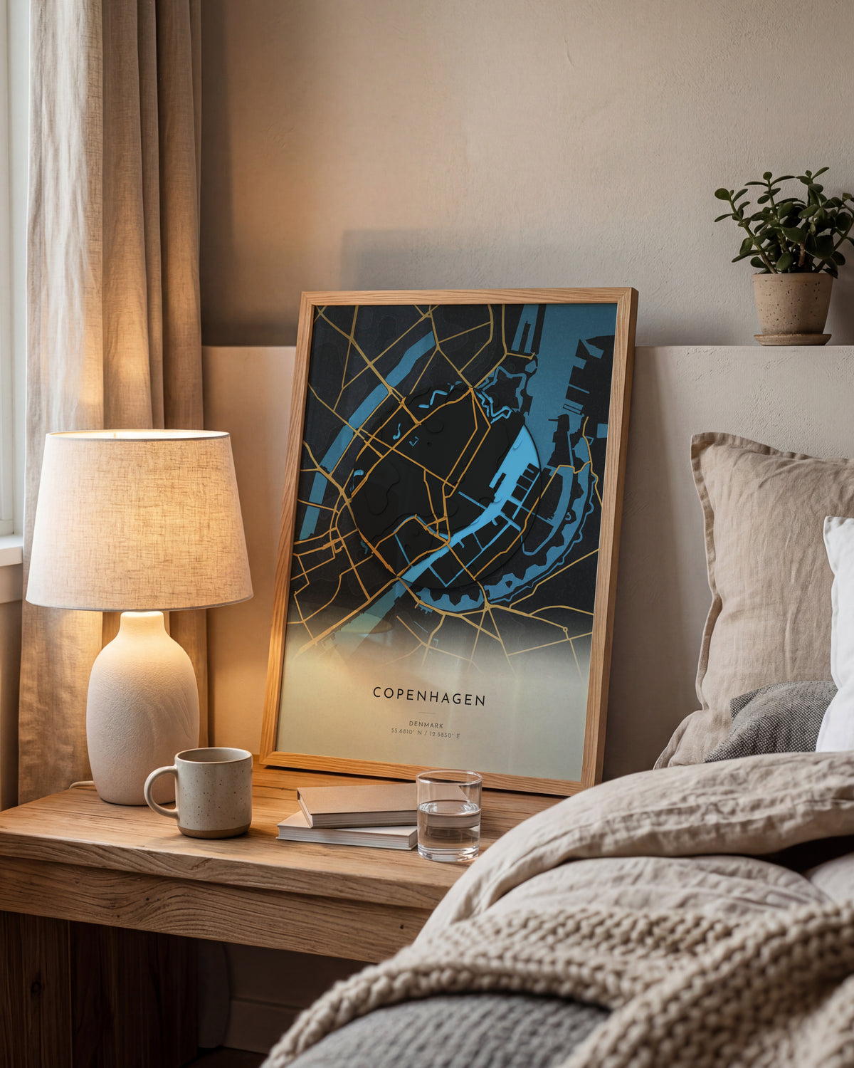 Copenhagen 3D relief map in Basalt, framed in a room