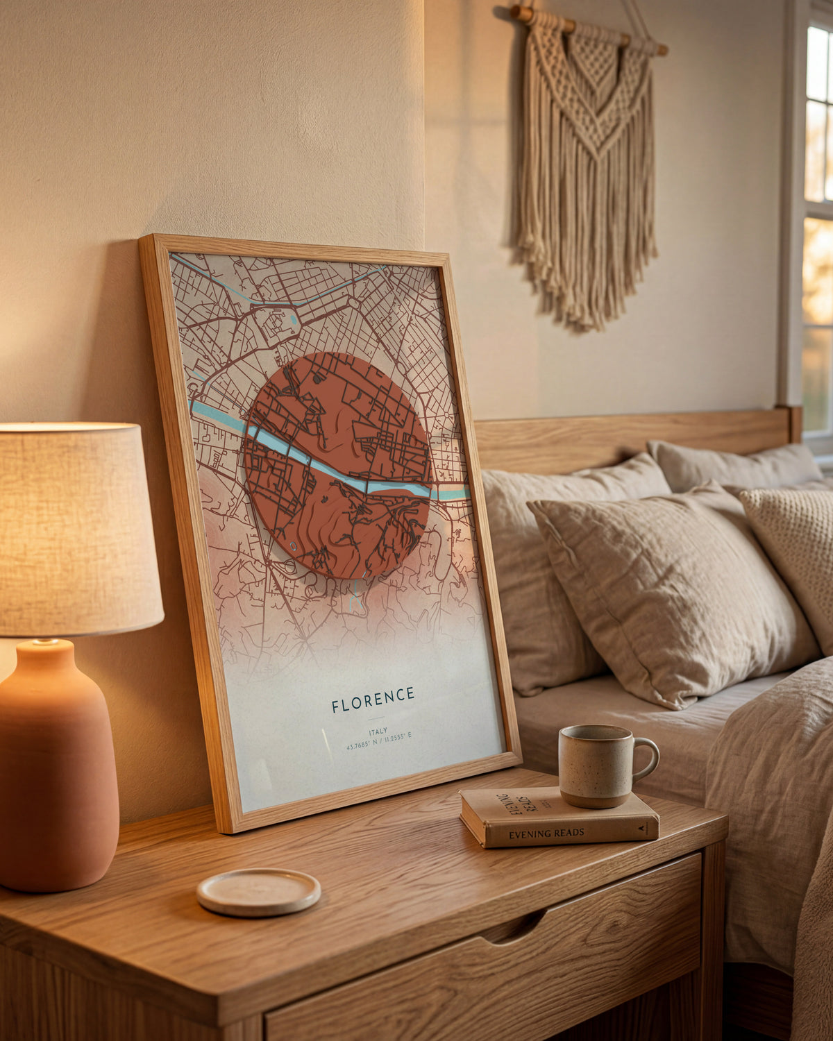 Florence 3D relief map in Riviera, framed in a room