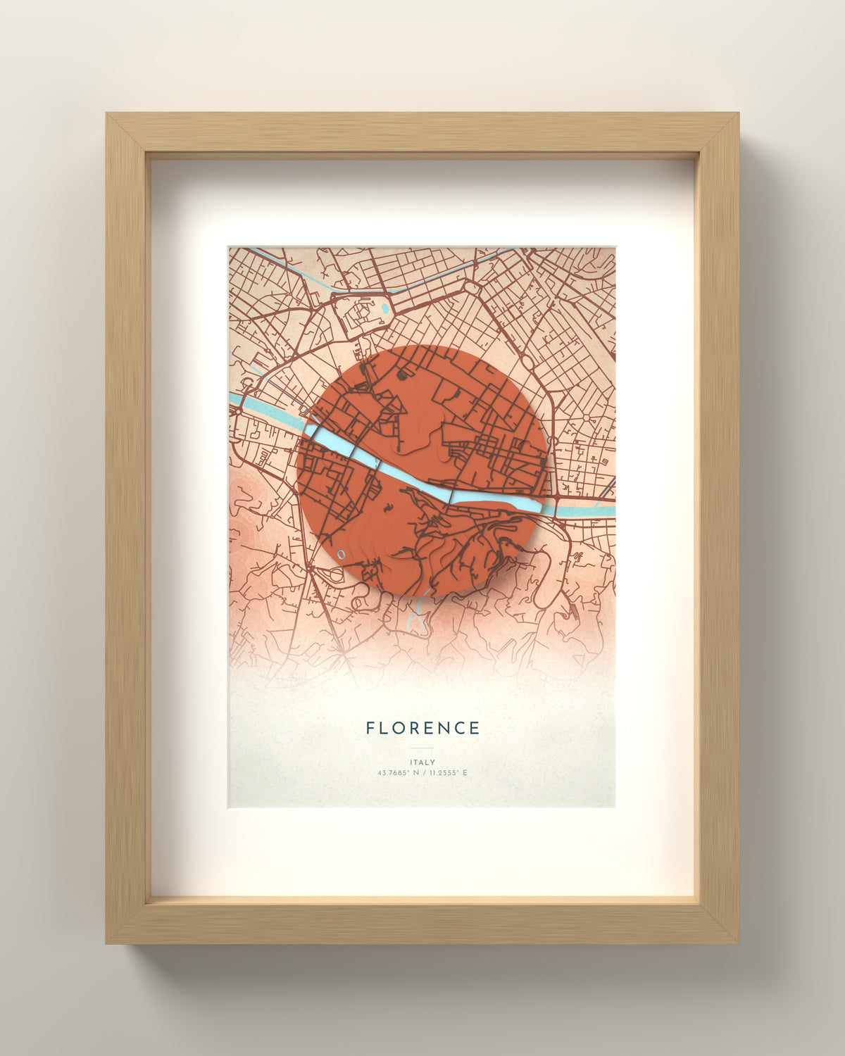 Florence 3D relief map in Riviera, oak frame