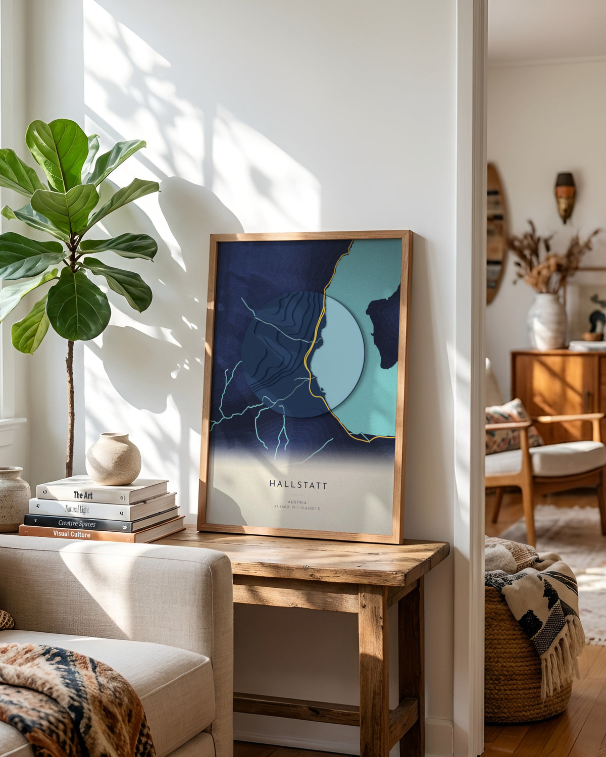 Hallstatt 3D relief map in Nocturne, framed in a room
