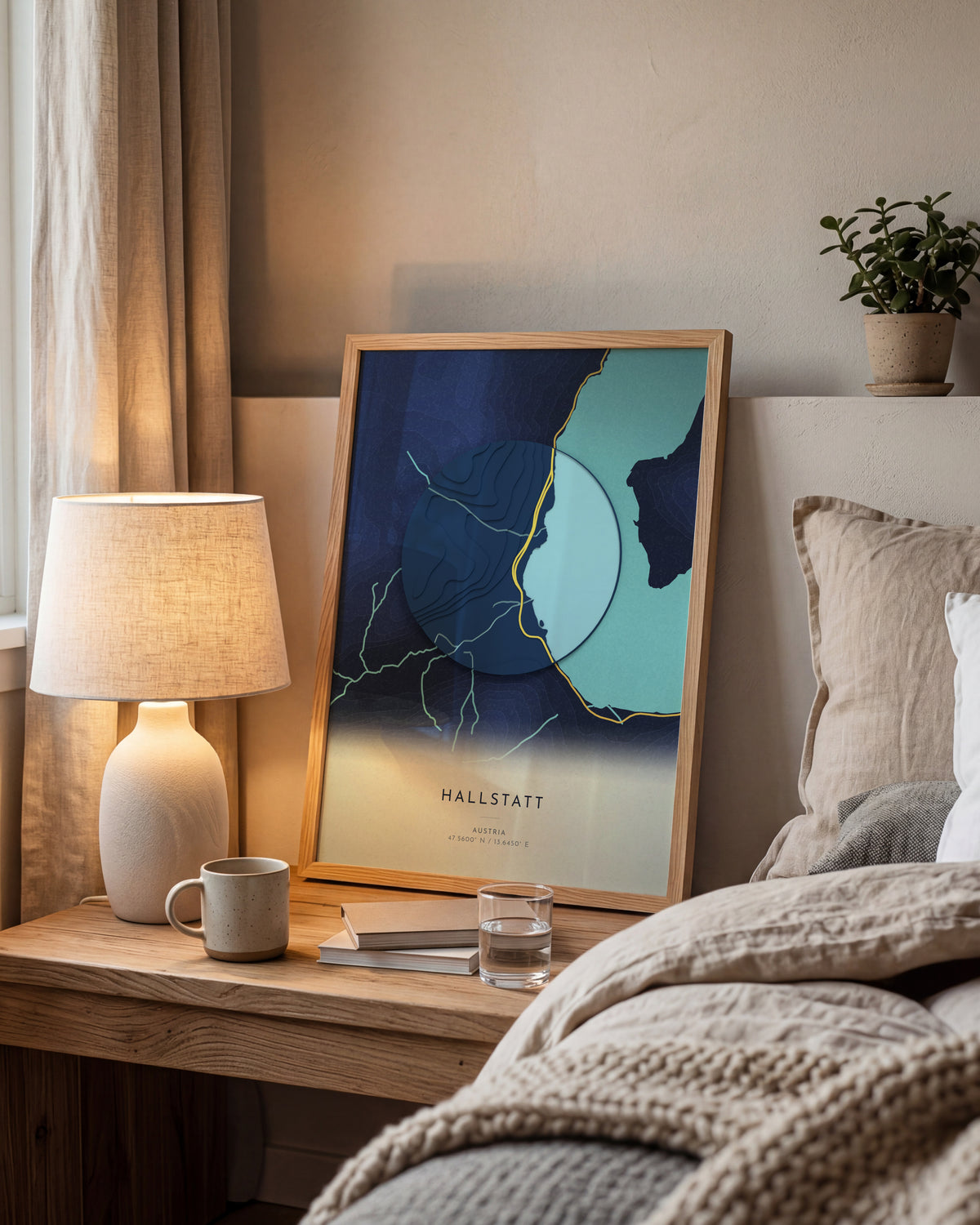 Hallstatt 3D relief map in Nocturne, framed in a room