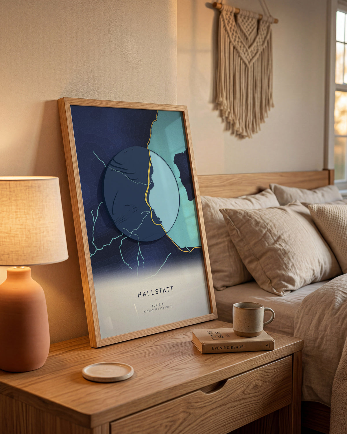 Hallstatt 3D relief map in Nocturne, framed in a room