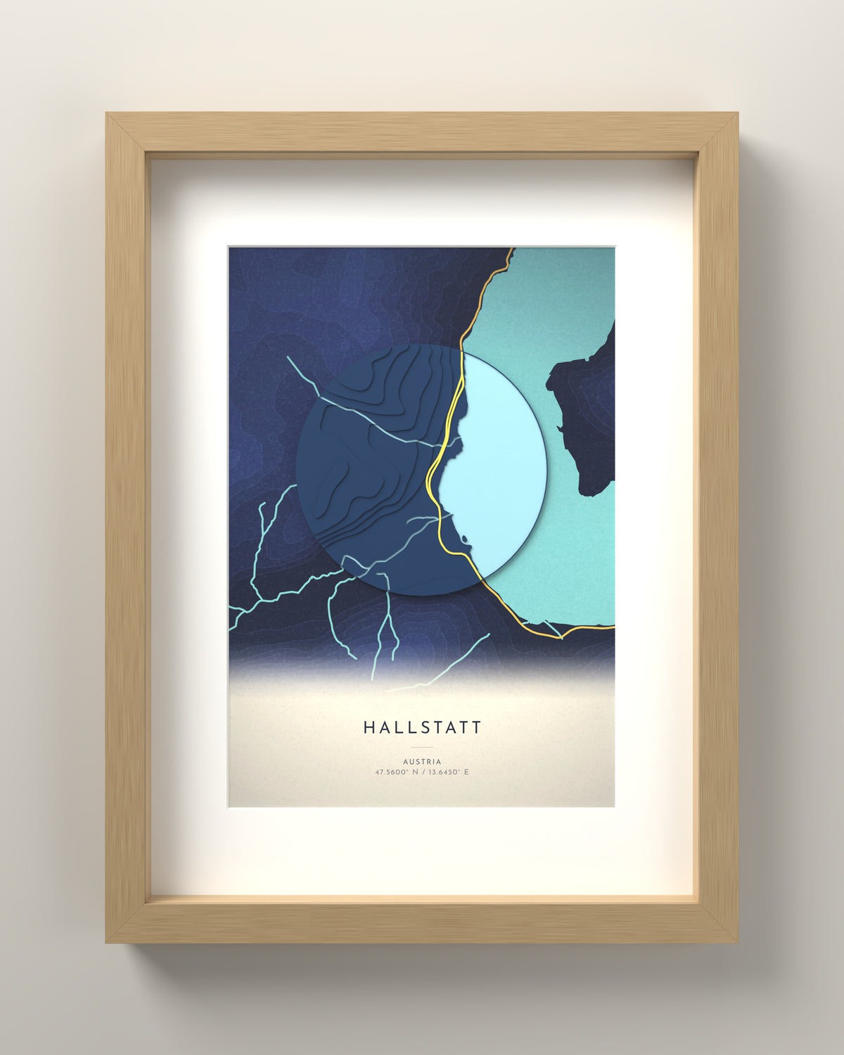 Hallstatt 3D relief map in Nocturne, oak frame