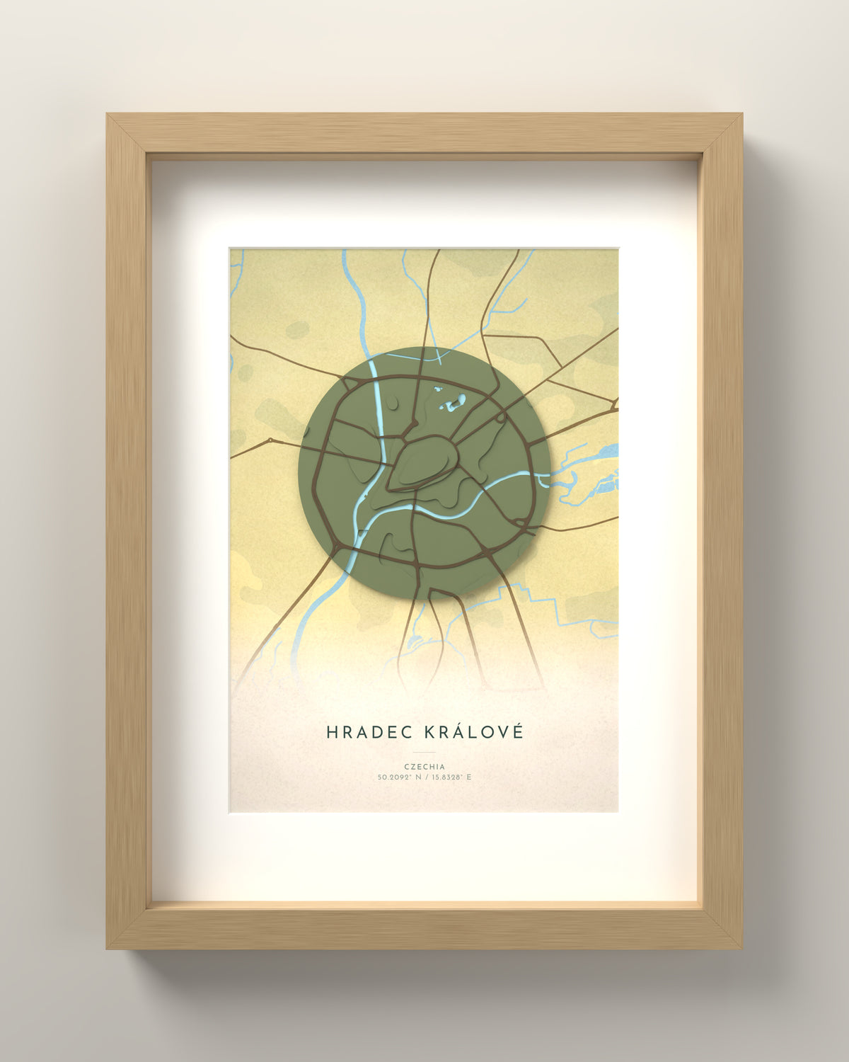 Hradec Králové 3D relief map in Vale, oak frame