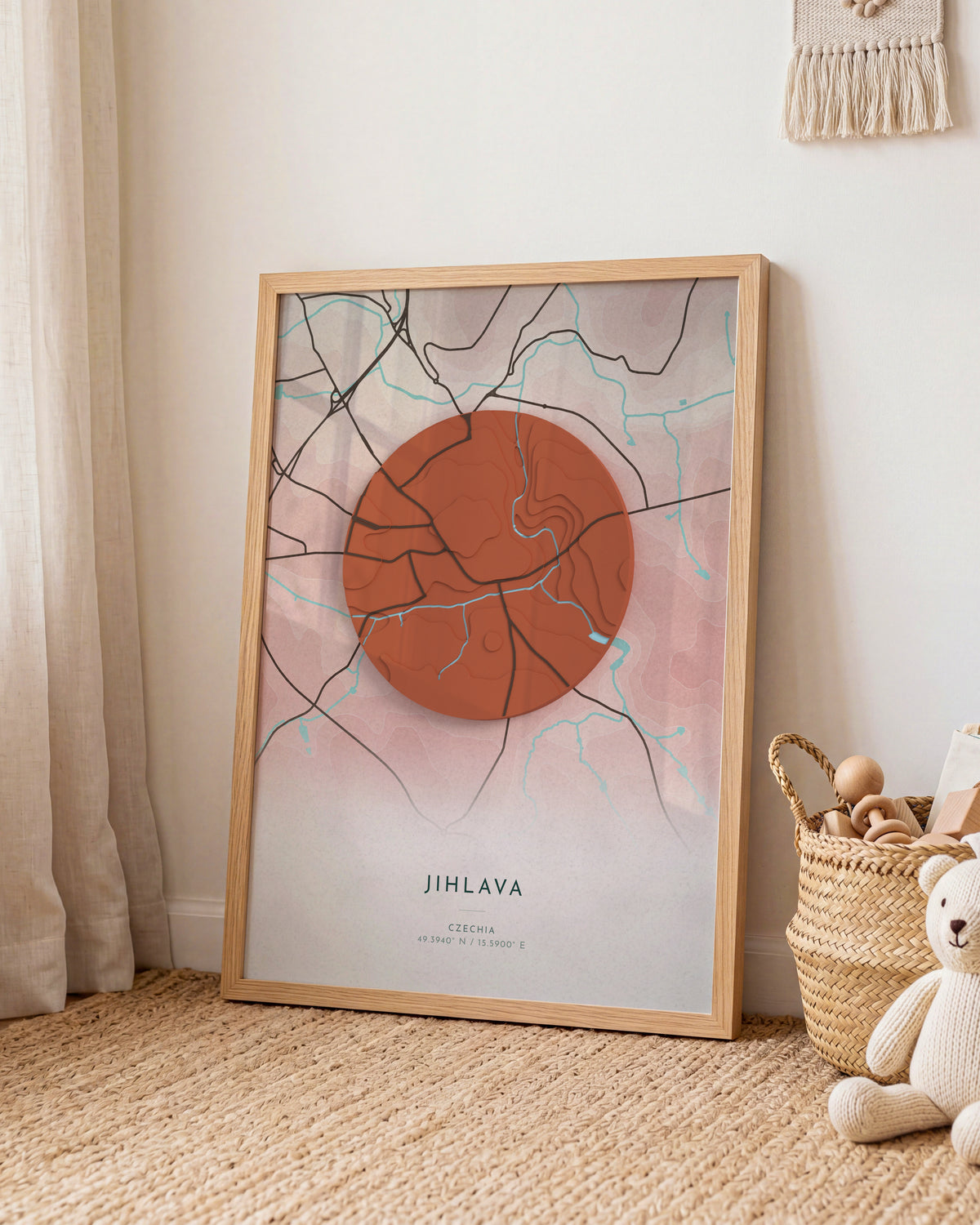 Jihlava 3D relief map in Fuji, framed in a room