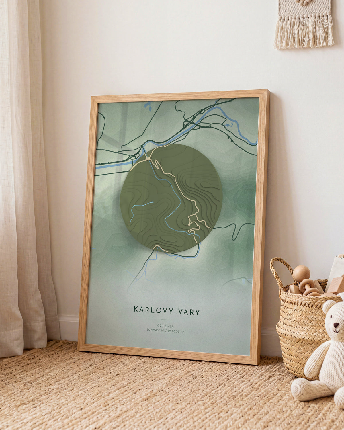 Karlovy Vary 3D relief map in Taiga, framed in a room