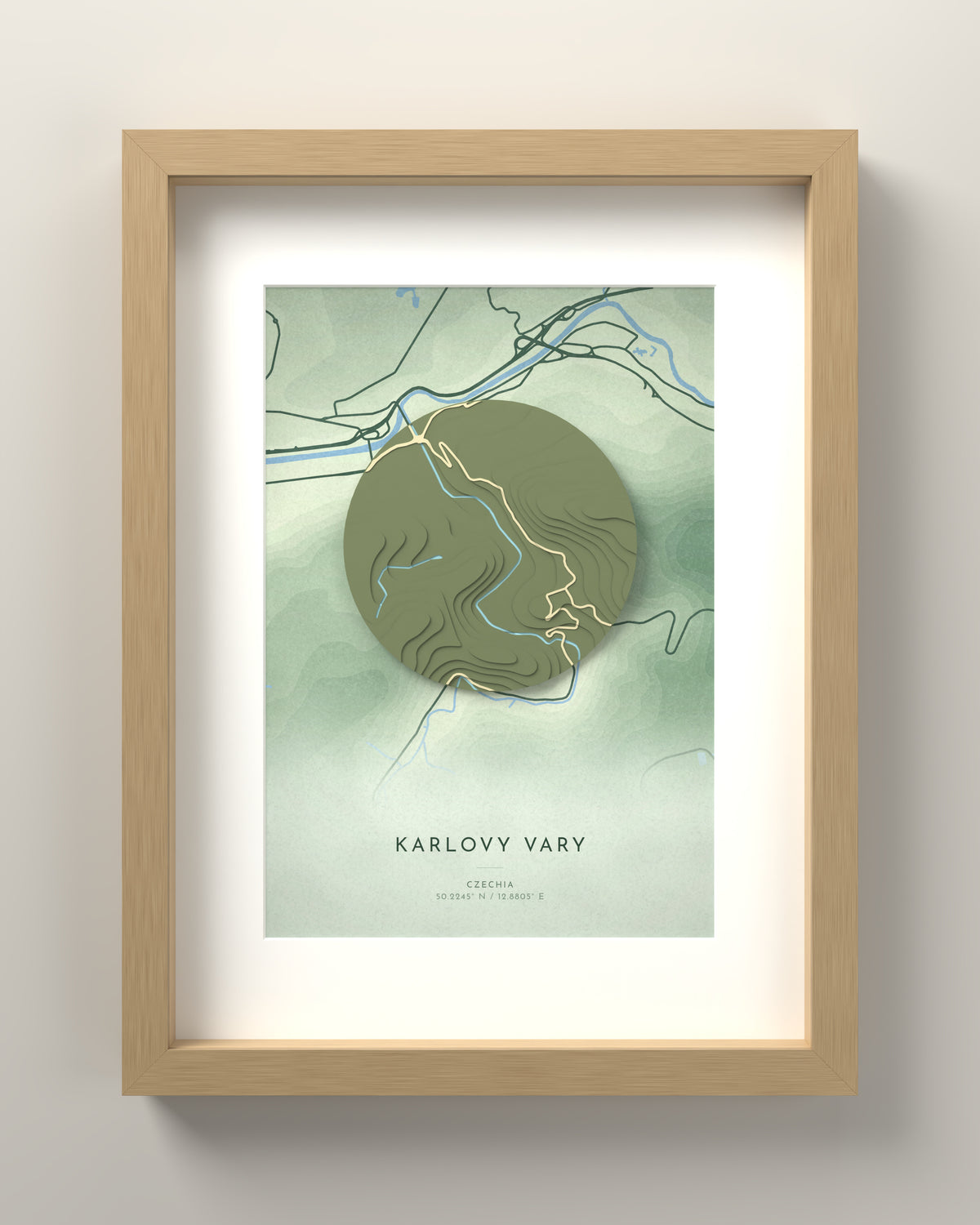 Karlovy Vary 3D relief map in Taiga, oak frame
