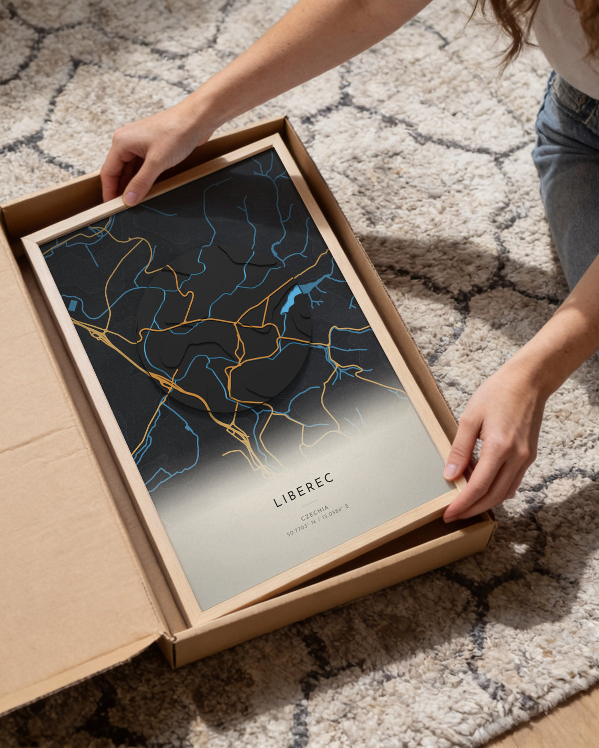 Liberec 3D relief map in Basalt, framed in a room