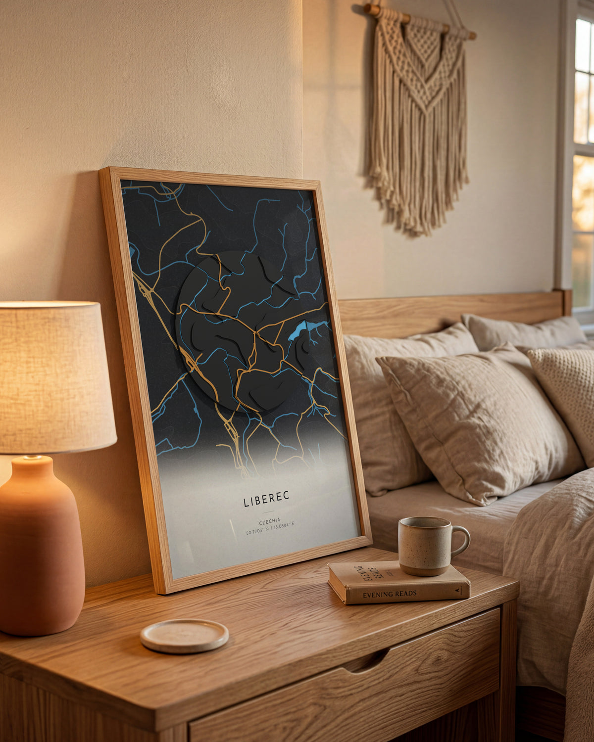 Liberec 3D relief map in Basalt, framed in a room