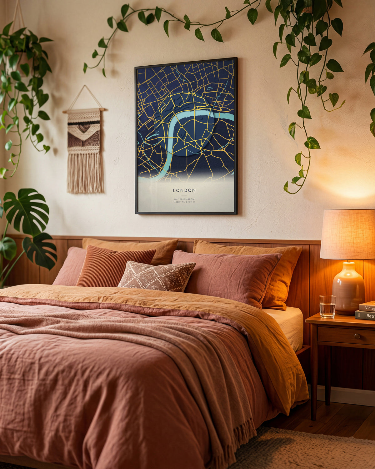 London 3D relief map in Nocturne, framed in a room