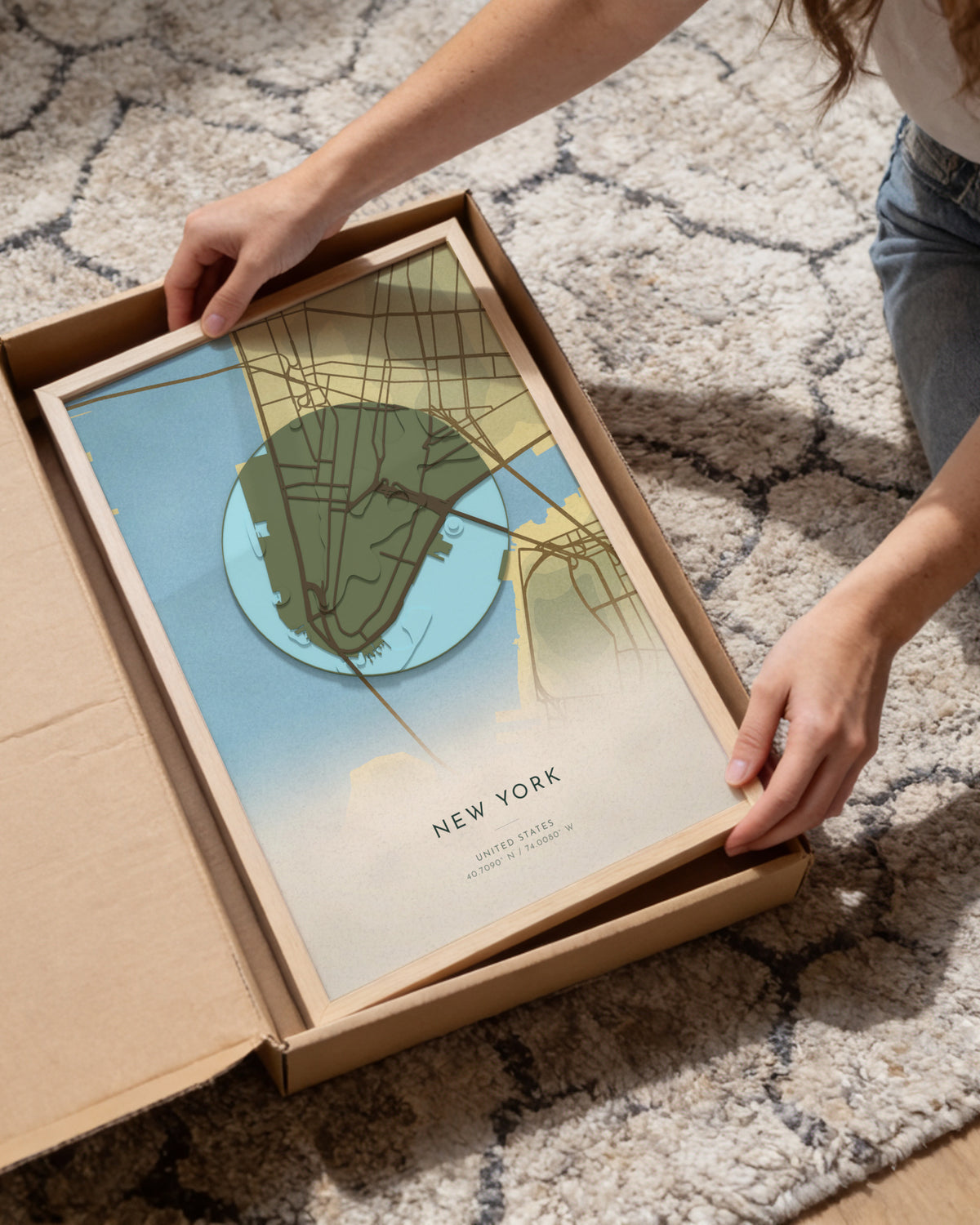 New York 3D relief map in Vale, framed in a room