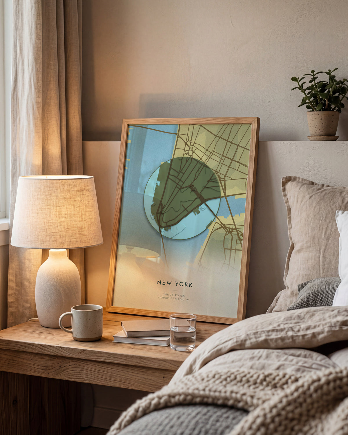 New York 3D relief map in Vale, framed in a room