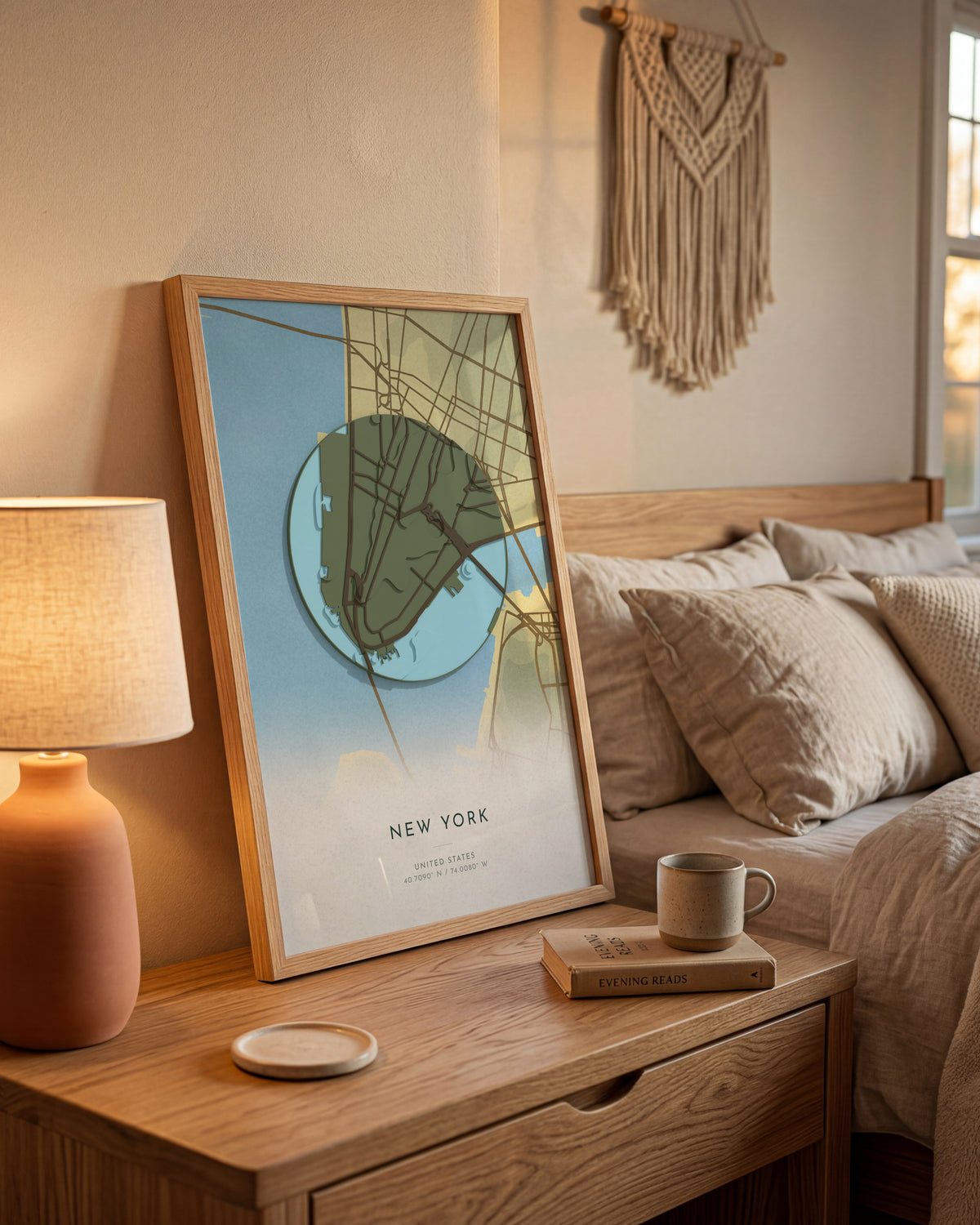 New York 3D relief map in Vale, framed in a room