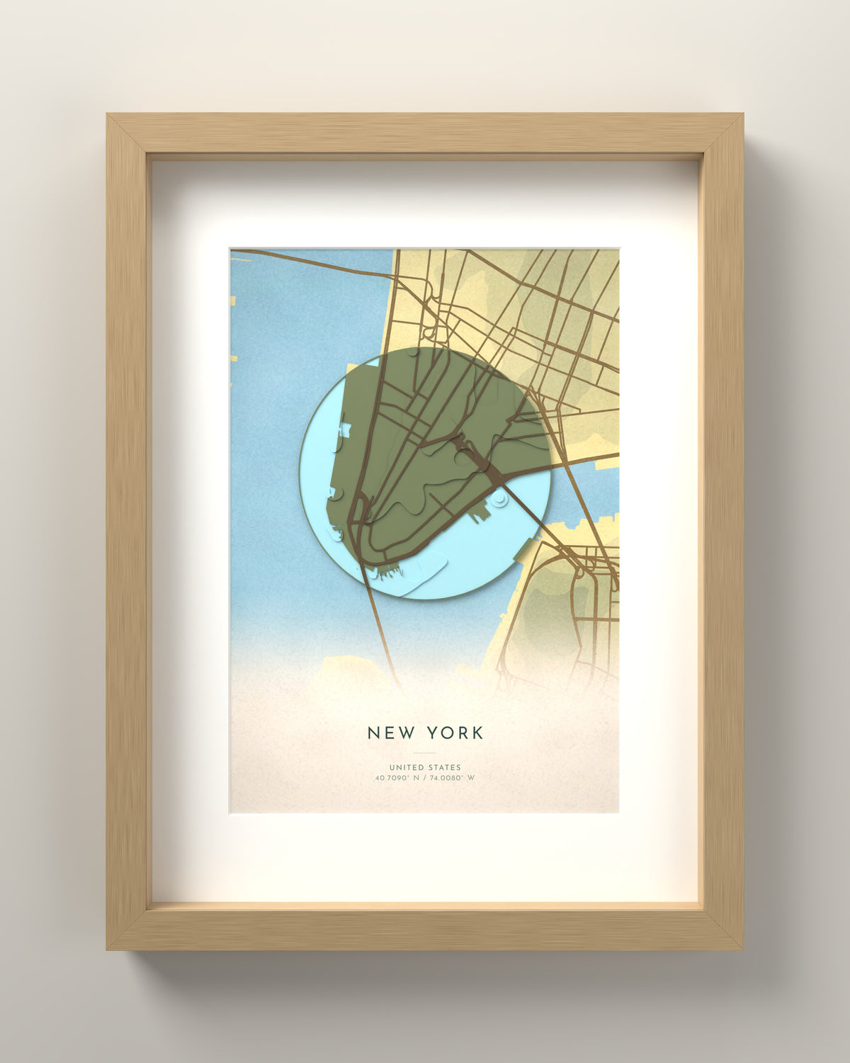New York 3D relief map in Vale, oak frame