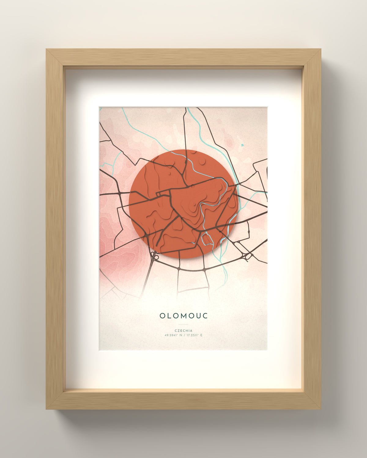 Olomouc 3D relief map in Fuji, oak frame