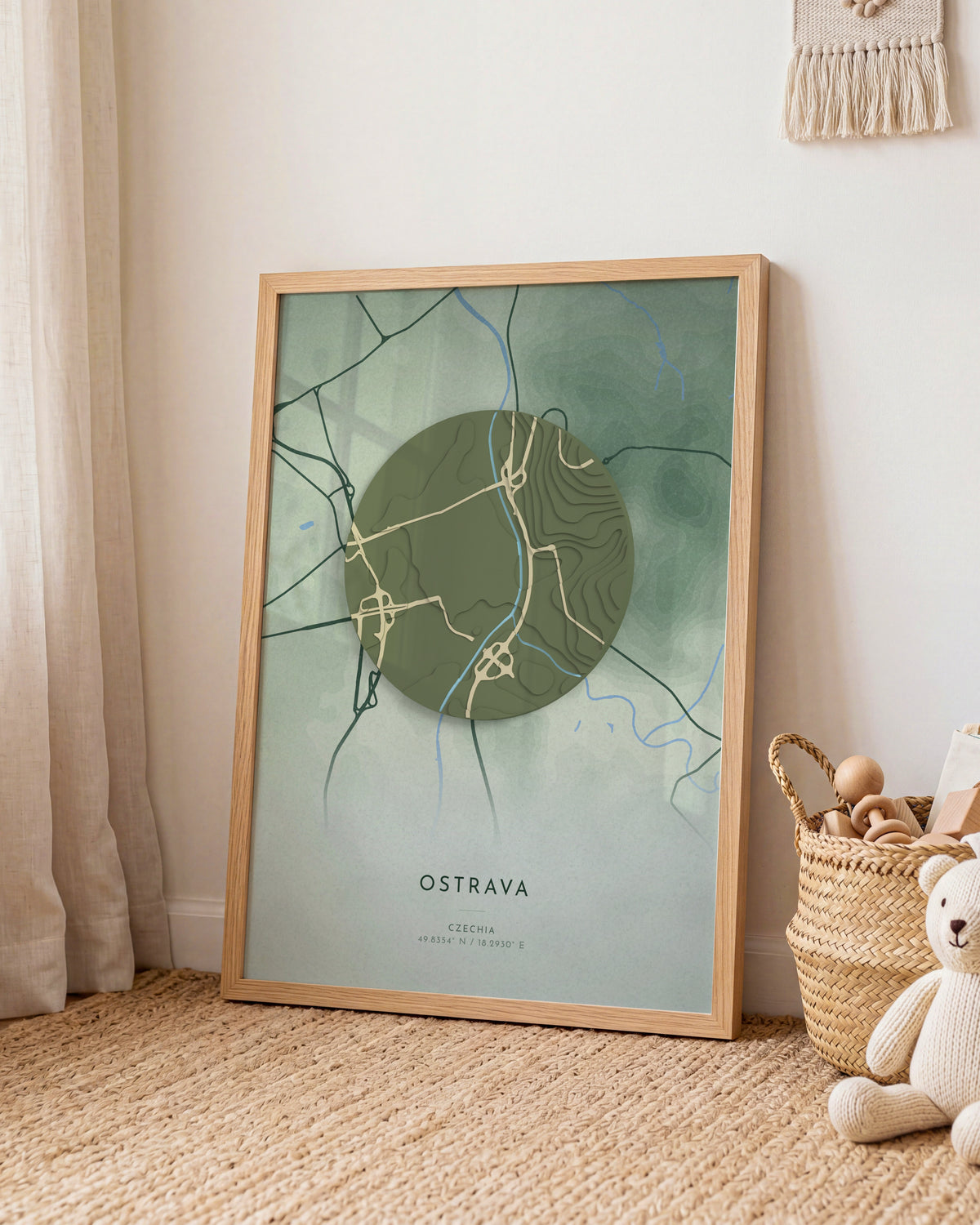 Ostrava 3D relief map in Taiga, framed in a room