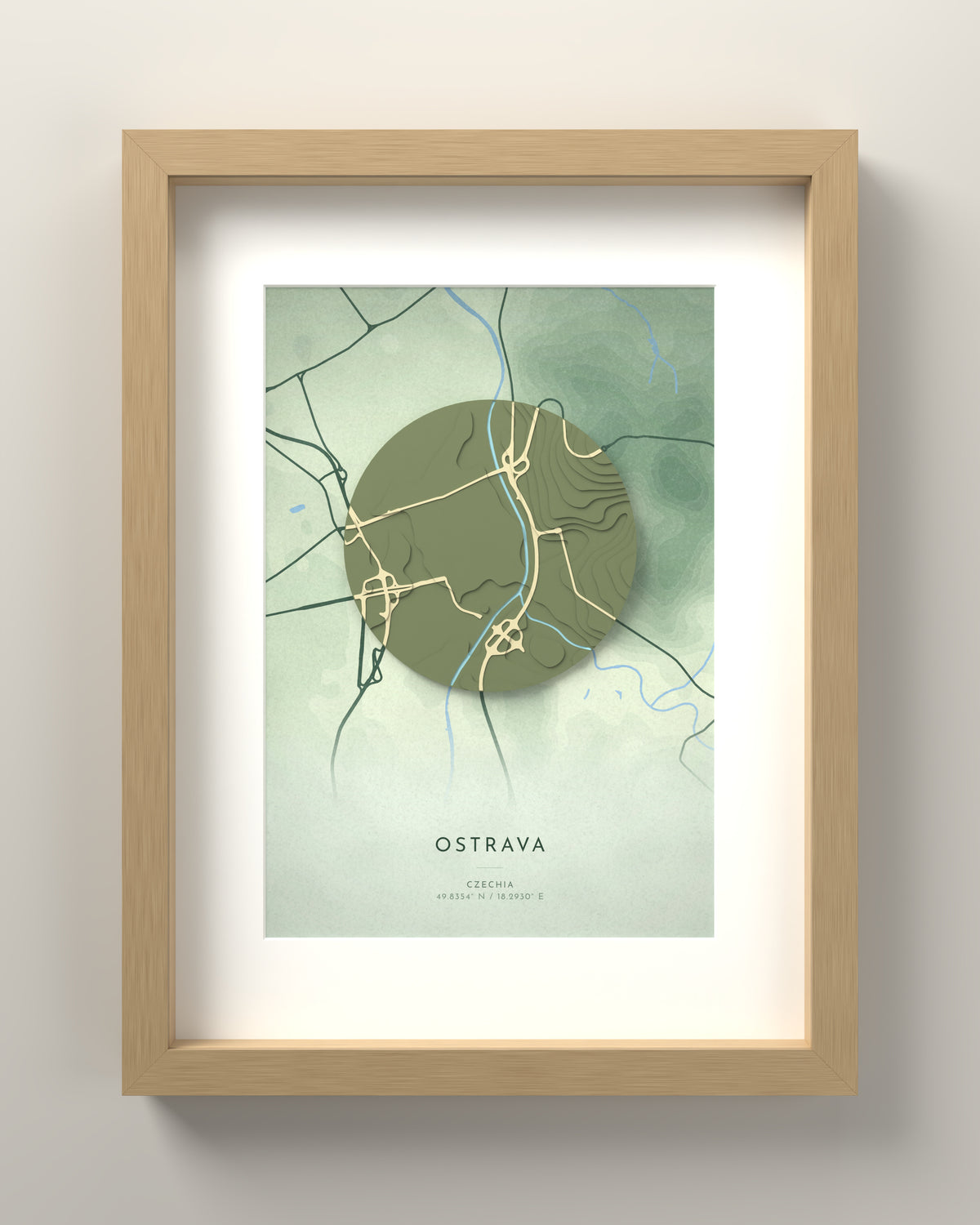 Ostrava 3D relief map in Taiga, oak frame