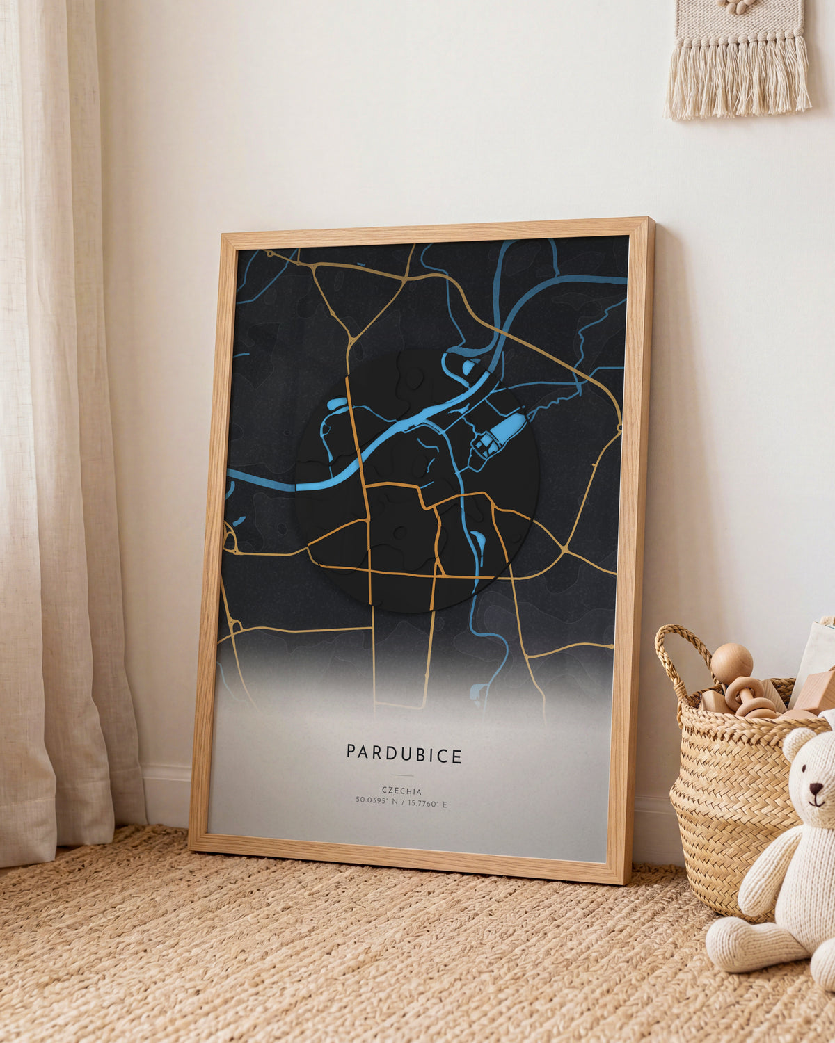 Pardubice 3D relief map in Basalt, framed in a room