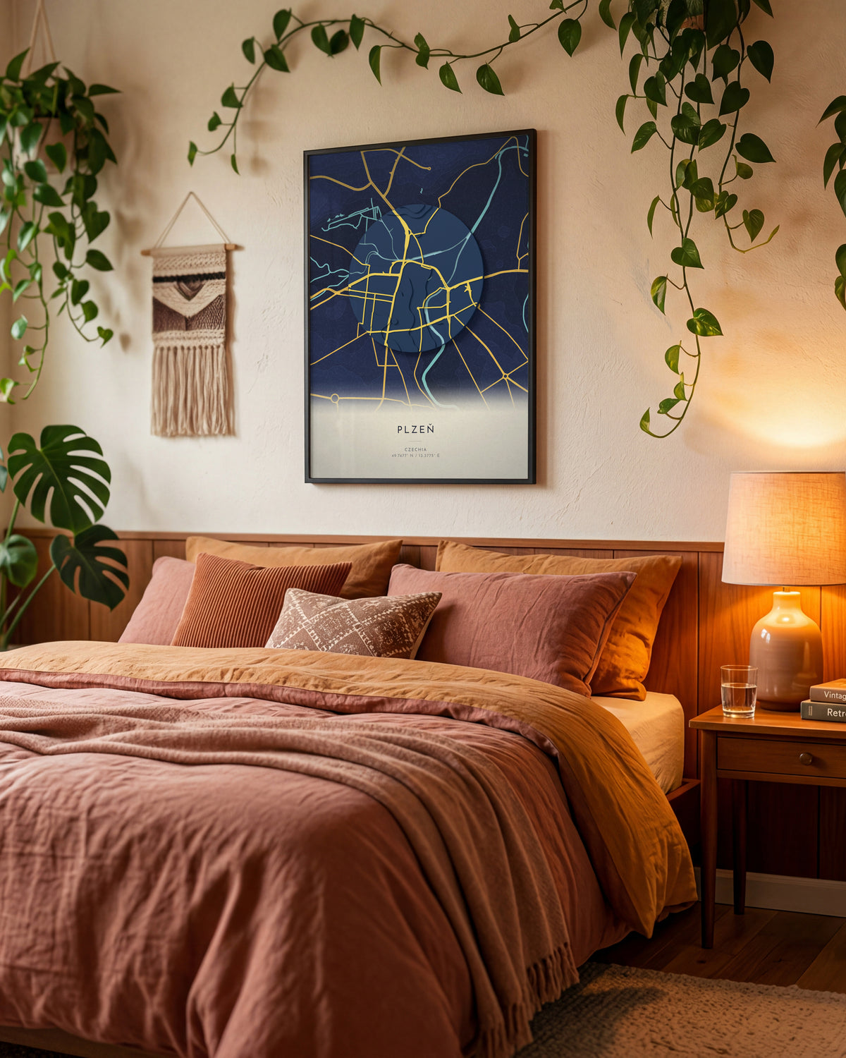 Plzeň 3D relief map in Nocturne, framed in a room