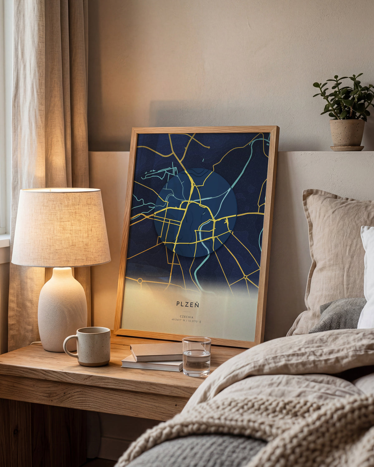 Plzeň 3D relief map in Nocturne, framed in a room
