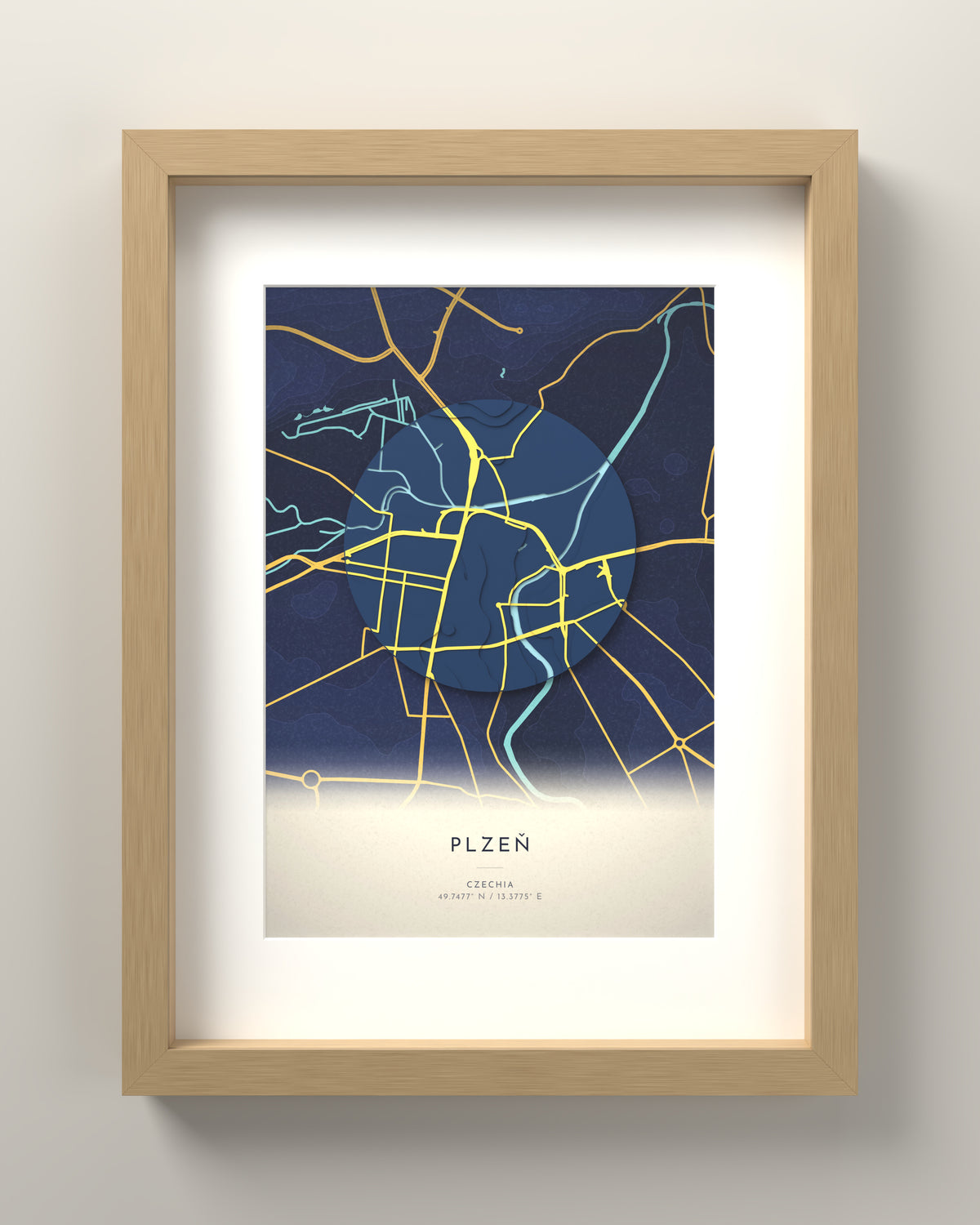 Plzeň 3D relief map in Nocturne, oak frame