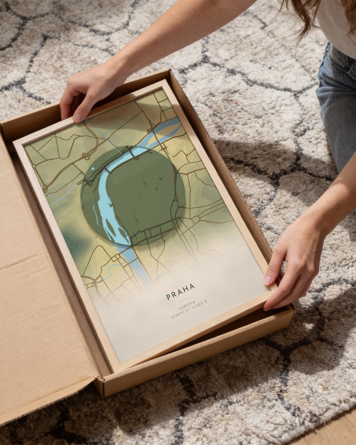 Praha 3D relief map in Vale, framed in a room