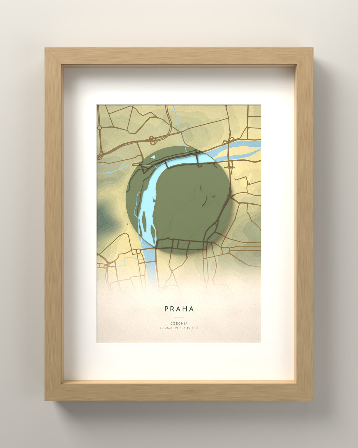 Praha 3D relief map in Vale, oak frame