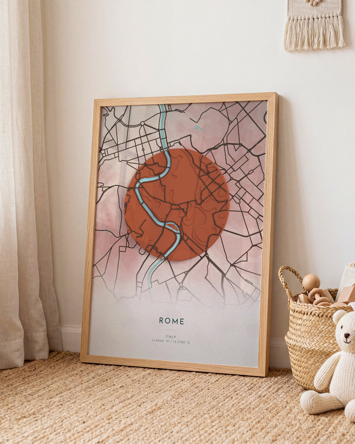 Rome 3D relief map in Fuji, framed in a room