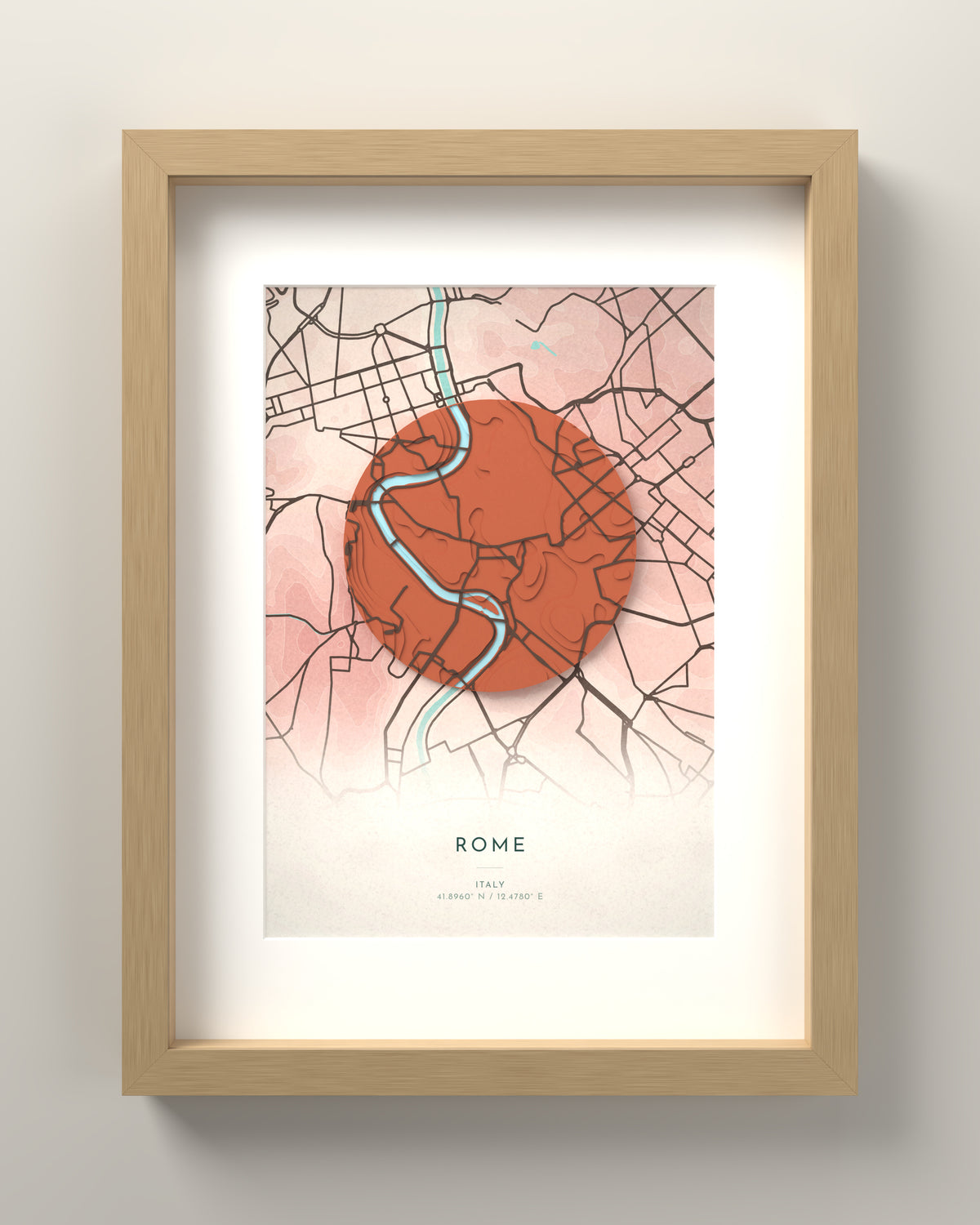 Rome 3D relief map in Fuji, oak frame