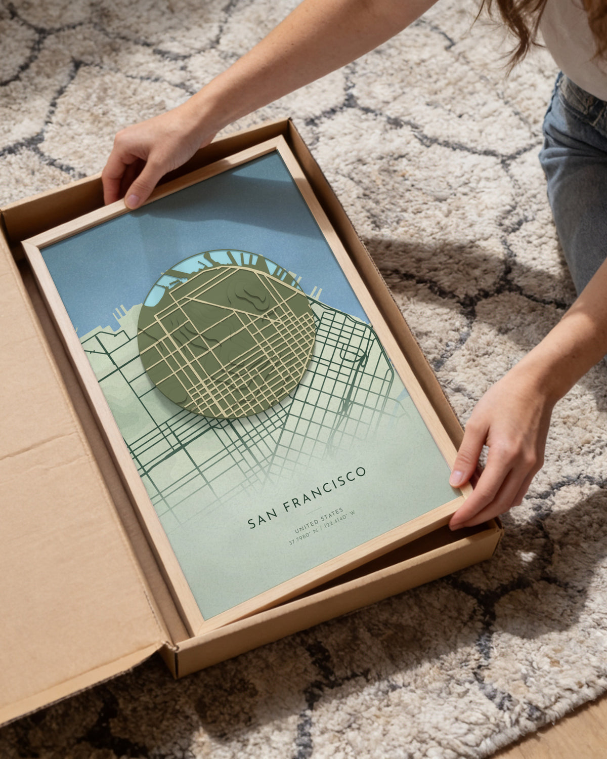 San Francisco 3D relief map in Taiga, framed in a room